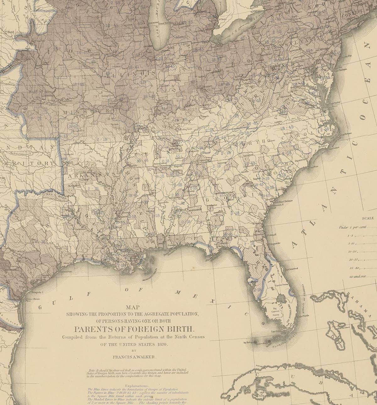 Antique Chart of the US Foreign Parentage Proportion in 1870, '1874'