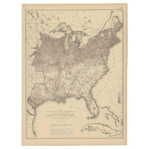 Antique Chart of the US Foreign Parentage Proportion in 1870, '1874'
