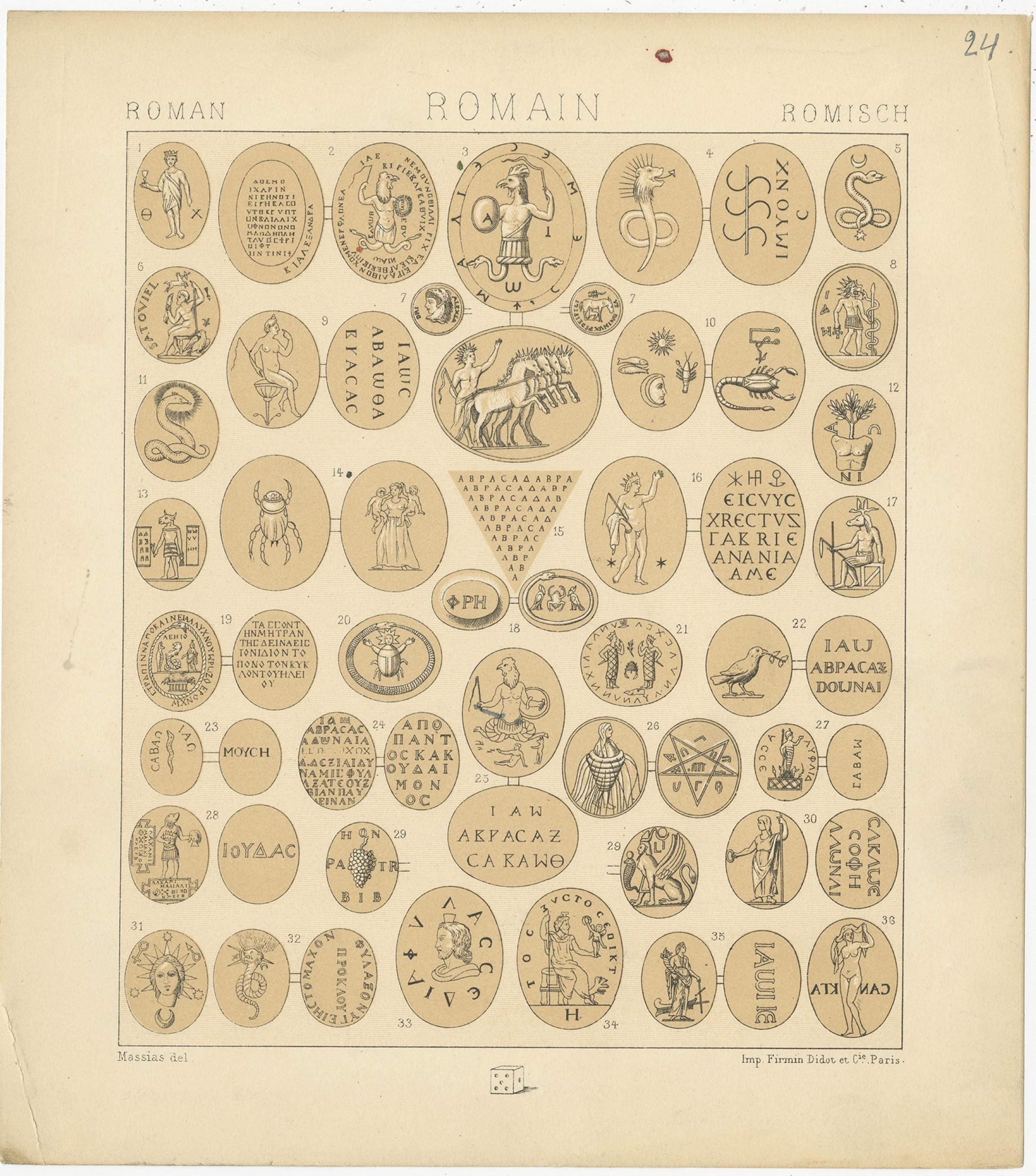 Antique print titled 'Roman - Romain - Romisch'. Chromolithograph of Roman Decorative Objects. This print originates from 'Le Costume Historique' by M.A. Racinet. Published, circa 1880.