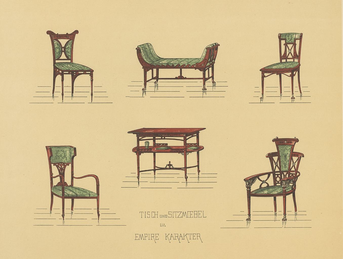 Antique print titled 'Tisch und Sitzmoebel im Empire Karakter'. Lithograph of tables and chairs. This print originates from 'Det Moderna Hemmet' by Johannes Kramer. Published by Ferdinand Hey'l, circa 1910.