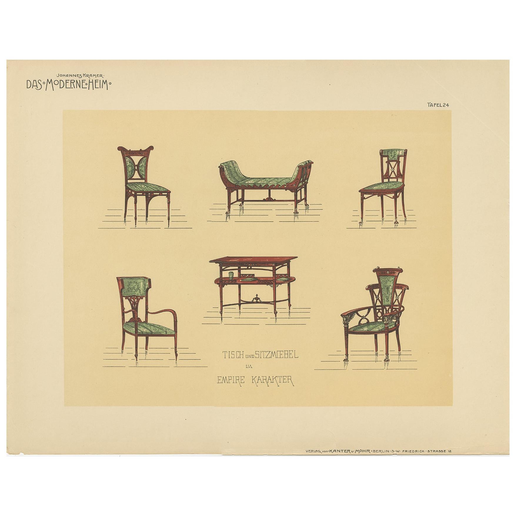 Pl. 24 Antique Print of Tables and Chairs by Kramer, circa 1910 For Sale