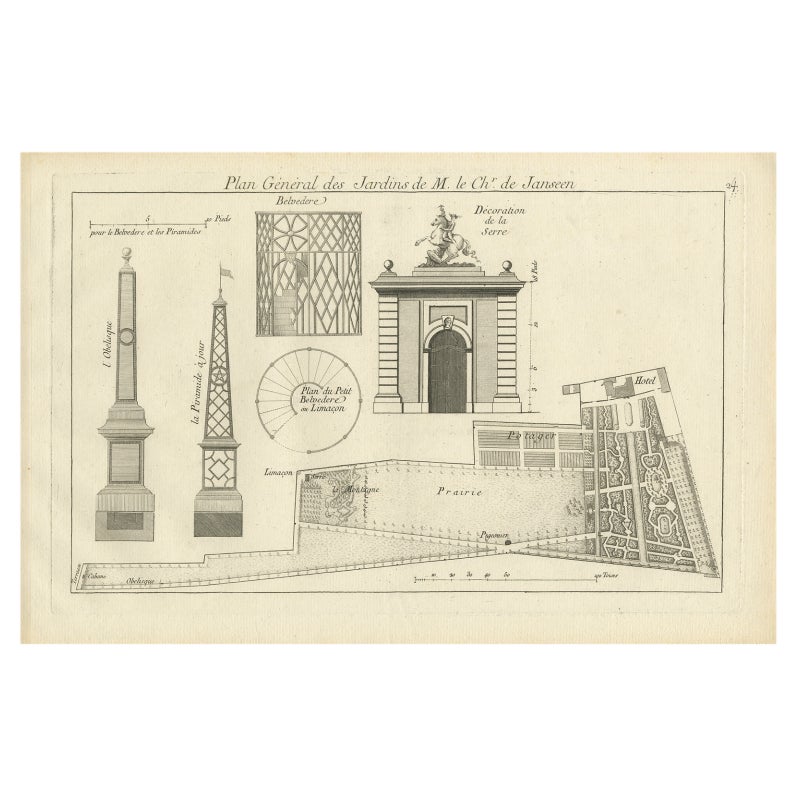 Pl. 24, Antiker Druck verschiedener Gartenelemente von Le Rouge, um 1785 im Angebot