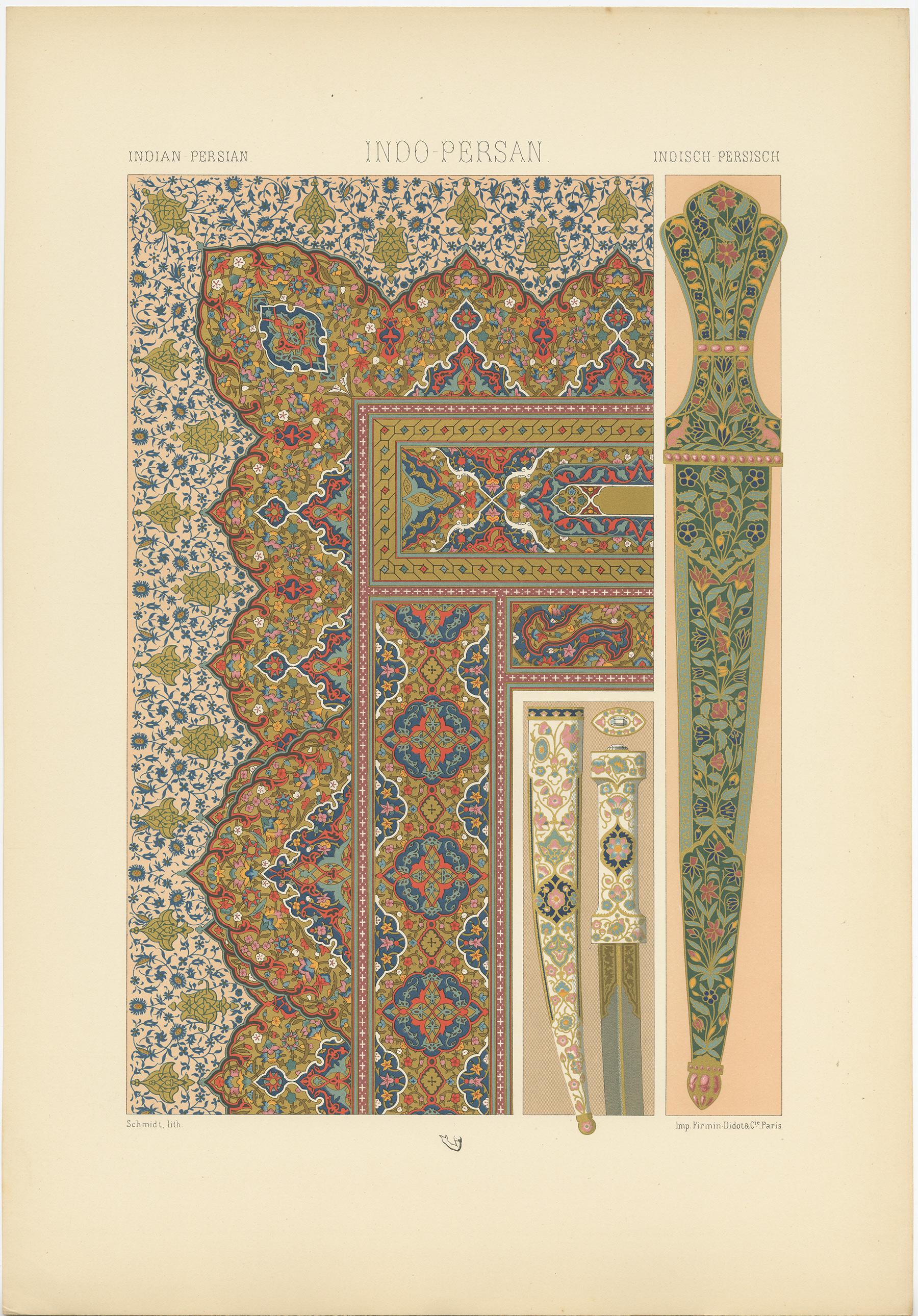 Antique print titled 'Indo Persian -Indo Persan- Indo Persisch'. Chromolithograph of Koran decoration (Persia, 17th century) and cloisonné daggers ornaments. 

This print originates from 'l'Ornement Polychrome' by Auguste Racinet. Published circa