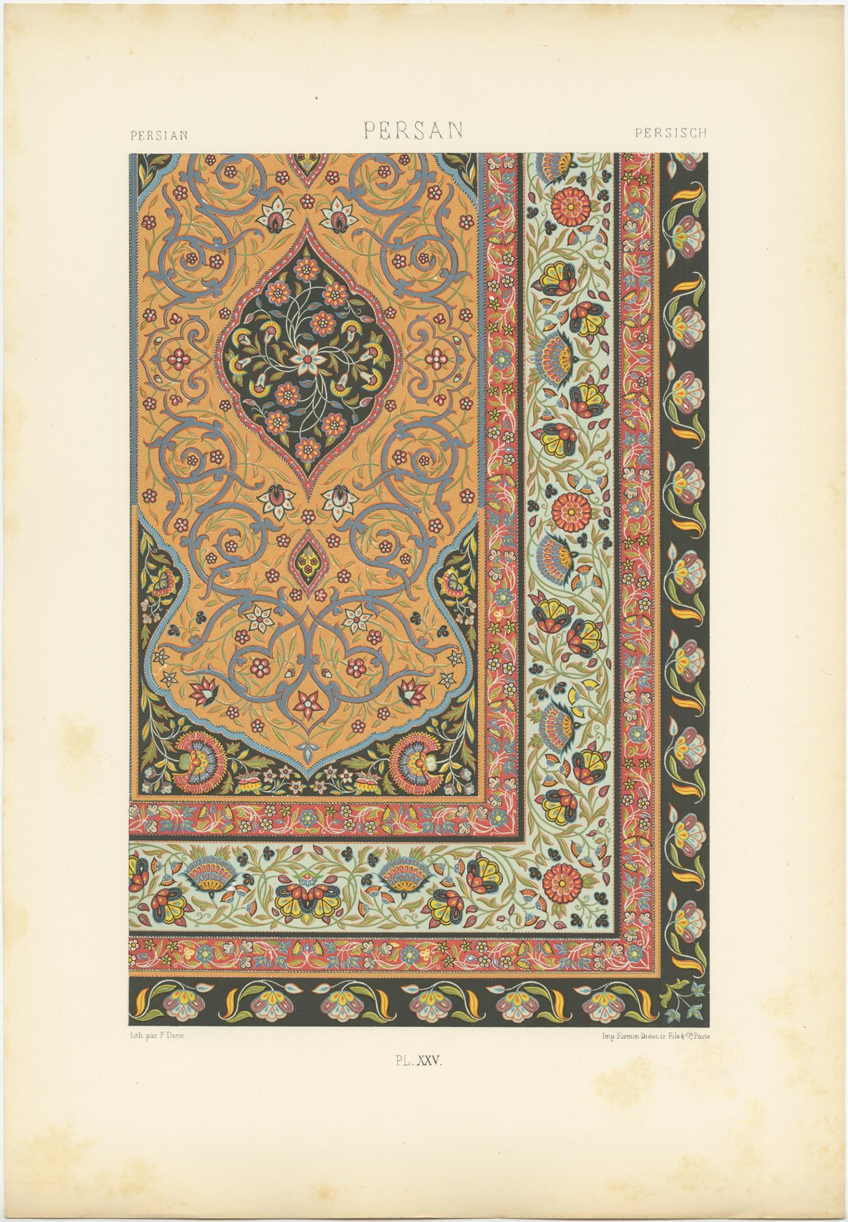 Antique print titled 'Persian - Persan - Persisch'. Chromolithograph of Persian ornaments and decorative arts. This print originates from 'l'Ornement Polychrome' by Auguste Racinet. Published circa 1890.