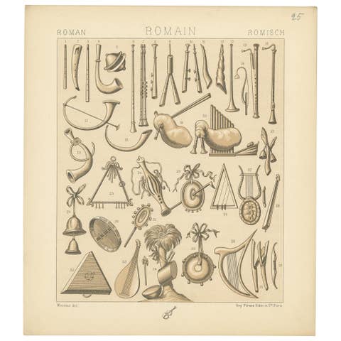 Pl. 25 Antique Print of Roman Music Instruments by Racinet, 'circa 1880'