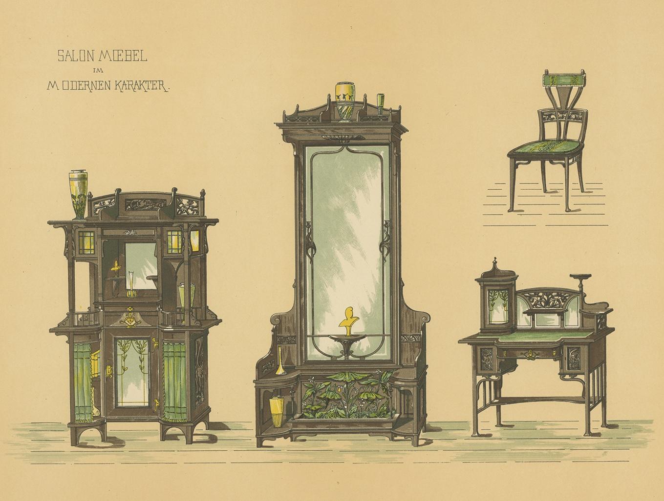 Pl. 25 Grabado antiguo de muebles de salón de Kramer, hacia 1910 en Bueno estado para la venta en Langweer, NL