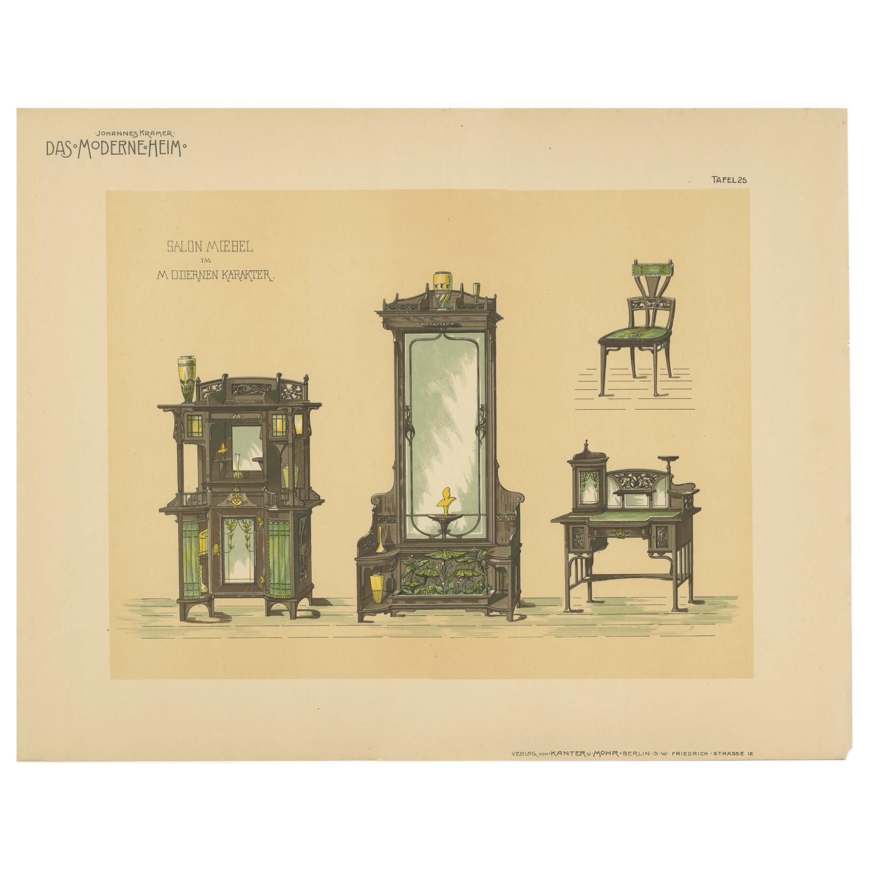 Pl. 25 Antique Print of Salon Furniture by Kramer, circa 1910 For Sale