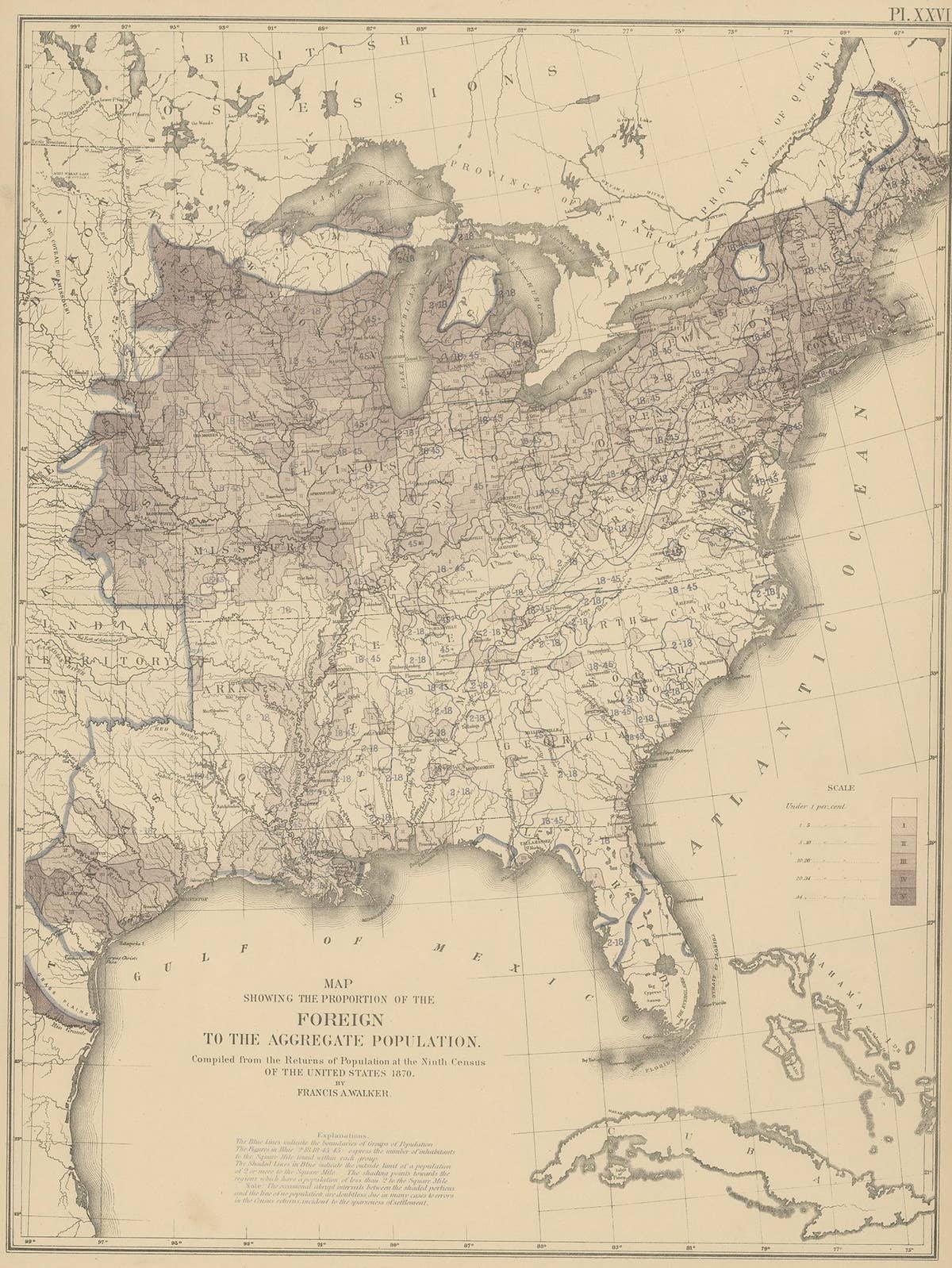 Pl. 26 Antique Chart of the US Foreign Population Proportion in 1870, '1874'