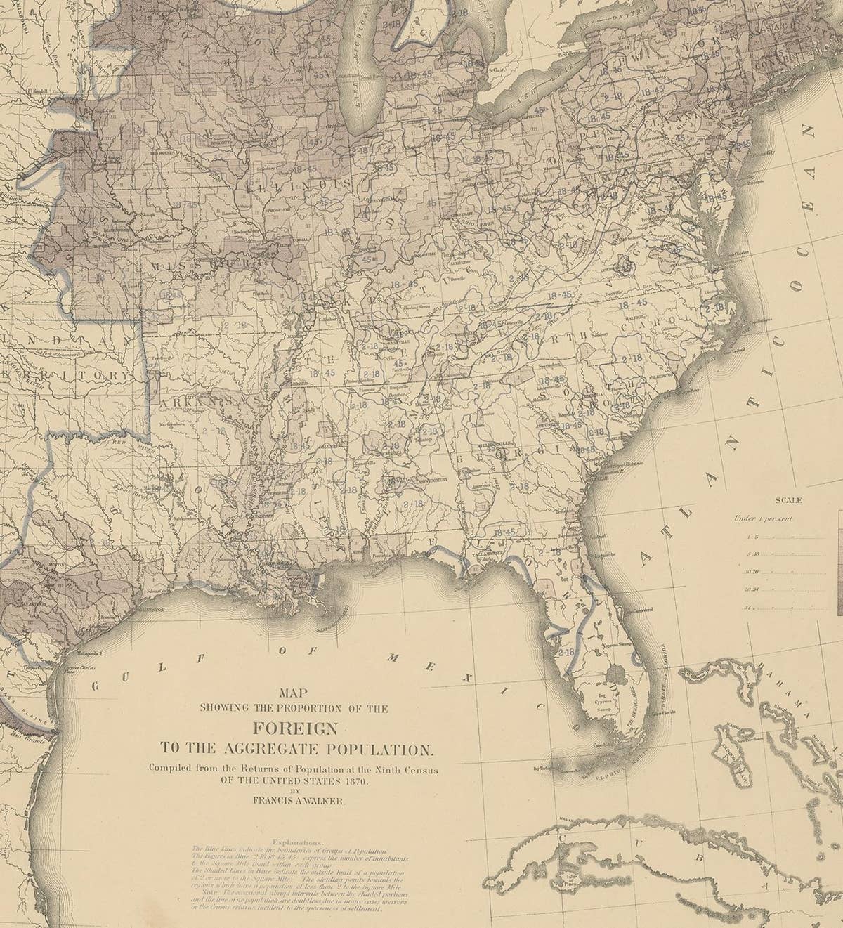 Pl. 26 Antique Chart of the US Foreign Population Proportion in 1870, '1874'