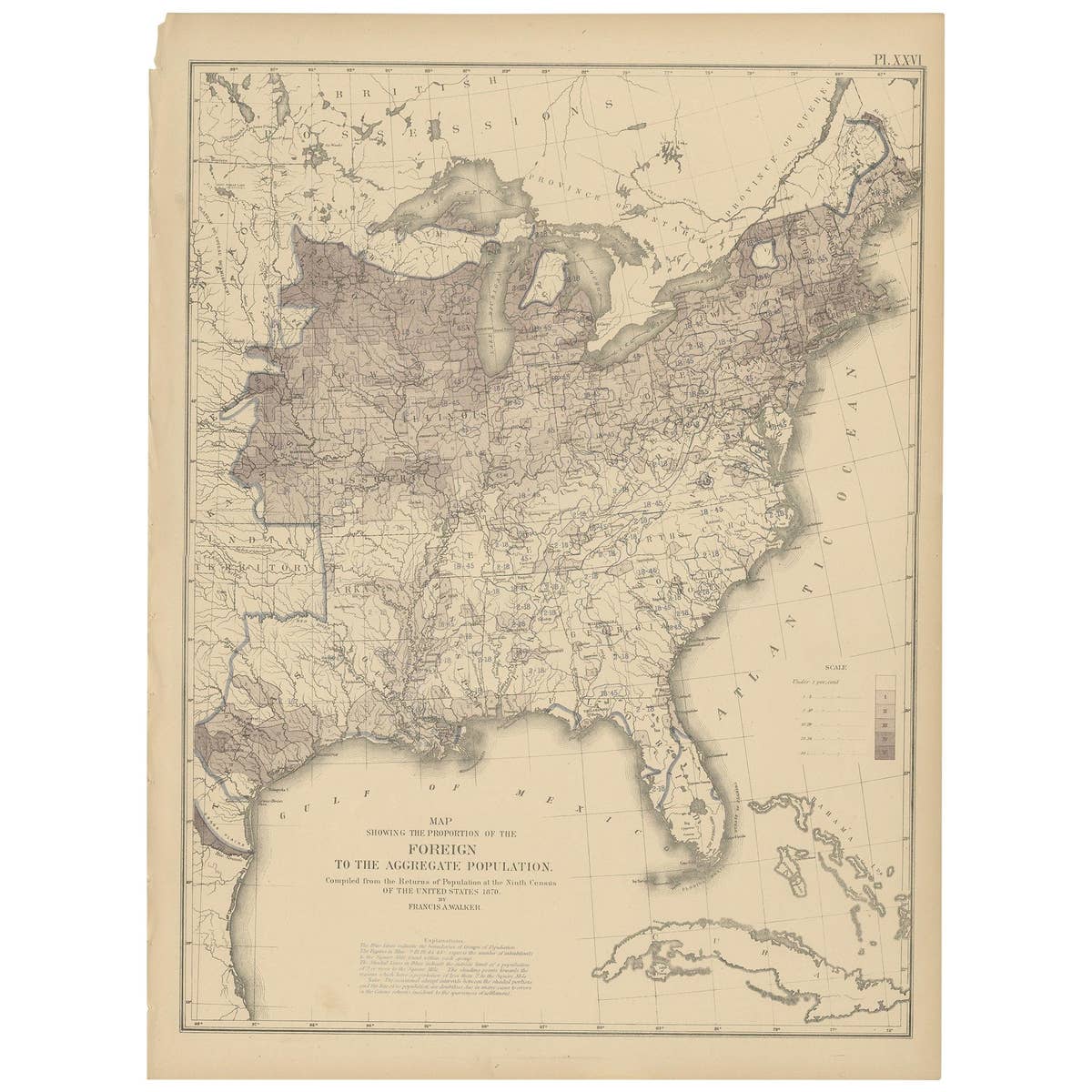 Pl. 26 Antique Chart of the US Foreign Population Proportion in 1870, '1874'
