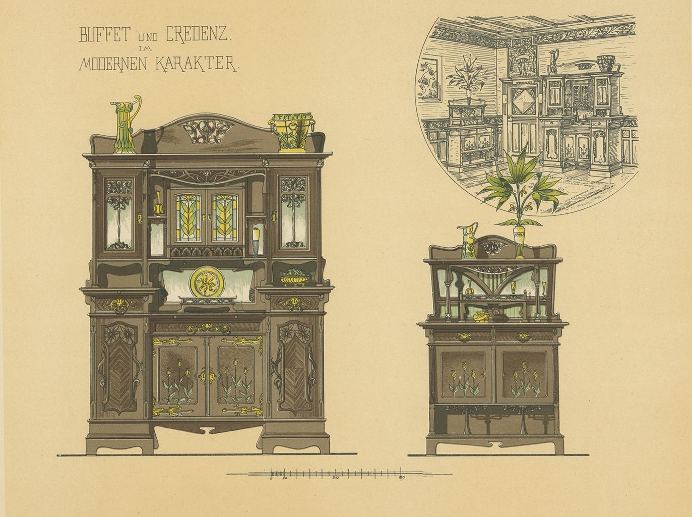 Pl. 26 Antique Print of a Buffet by Kramer 'circa 1910' In Good Condition For Sale In Langweer, NL
