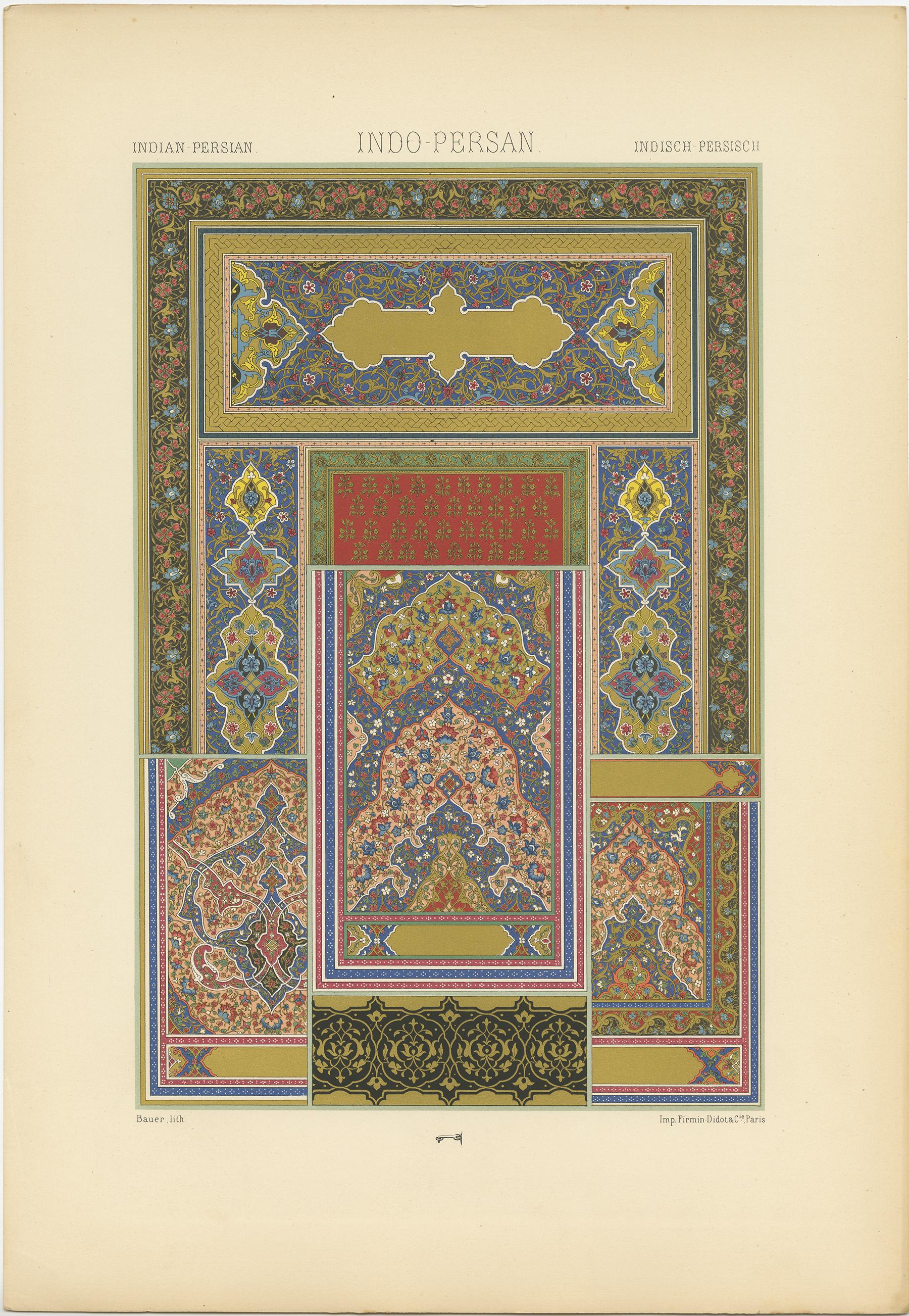 Antique print titled 'Indo Persian -Indo Persan- Indo Persisch'. Chromolithograph of Motifs from Illuminated manuscripts and niello metalworks ornaments. This print originates from 'l'Ornement Polychrome' by Auguste Racinet. Published circa 1890.