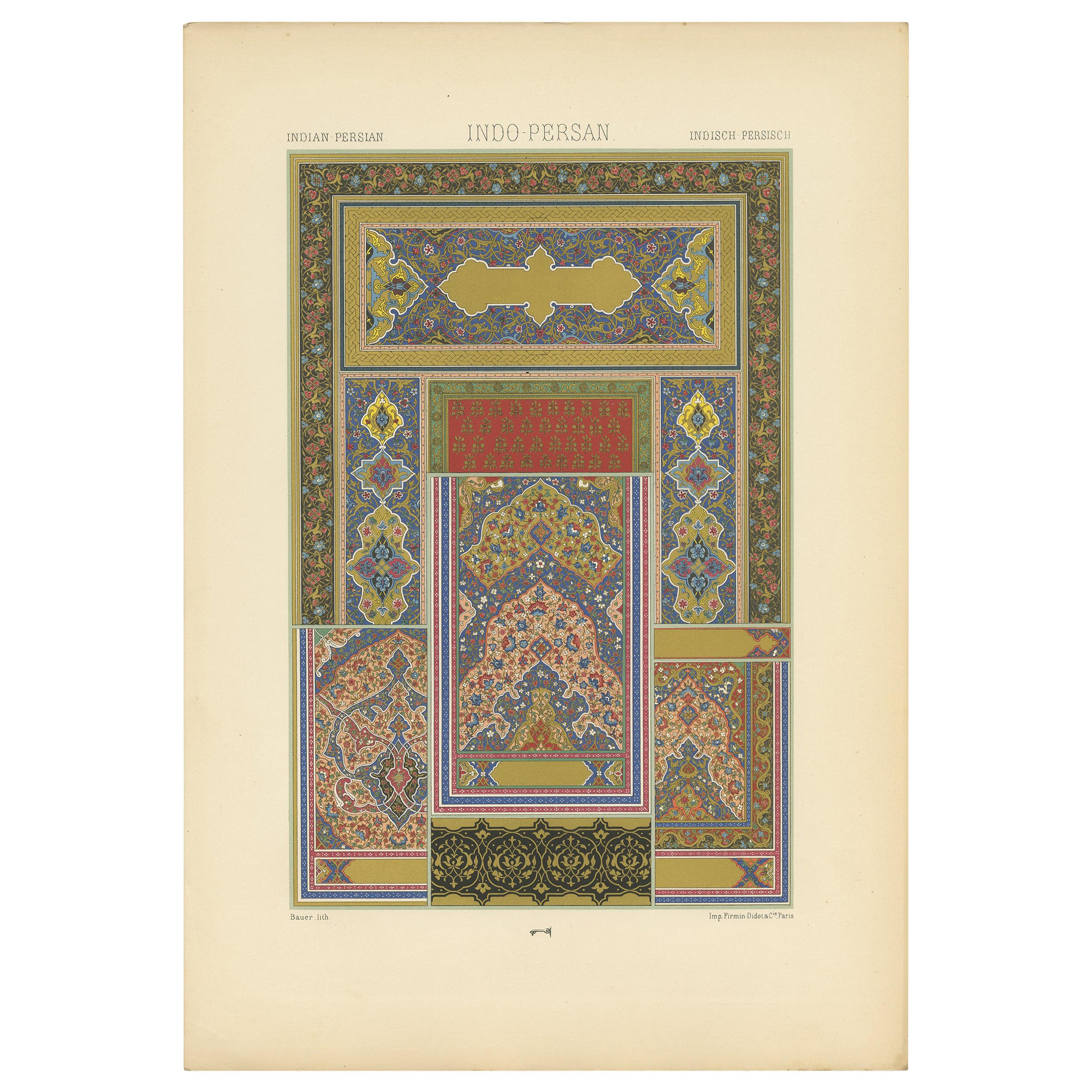 Pl. 26 Antique Print of Indo Persian Motifs from Illuminated, Racinet circa 1890