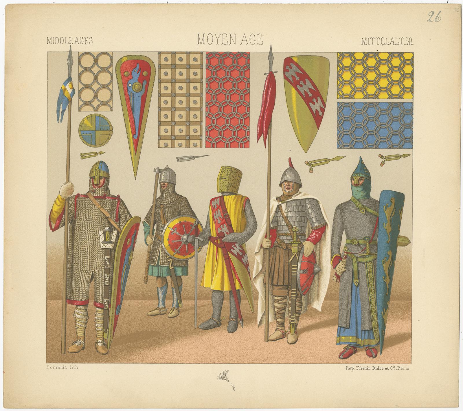 Antique print titled 'Middle Ages - Moyen Age - Mittelalter'. Chromolithograph of Middle Ages Armament'. This print originates from 'Le Costume Historique' by M.A. Racinet. Published circa 1880.