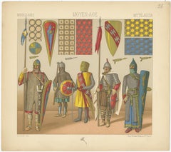 Stampa antica di cavalieri con armamenti medievali, 1880 circa
