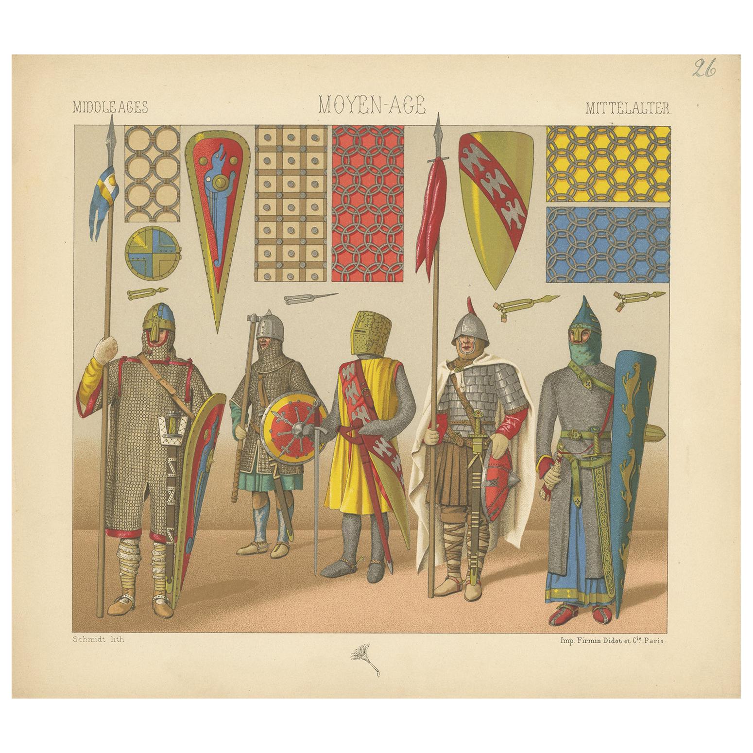 Antique Print of Knights with Middle Ages Armament, circa 1880 For Sale