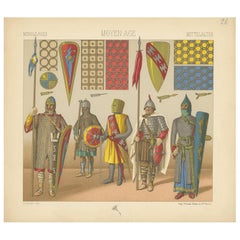 Antique Print of Knights with Middle Ages Armament, circa 1880