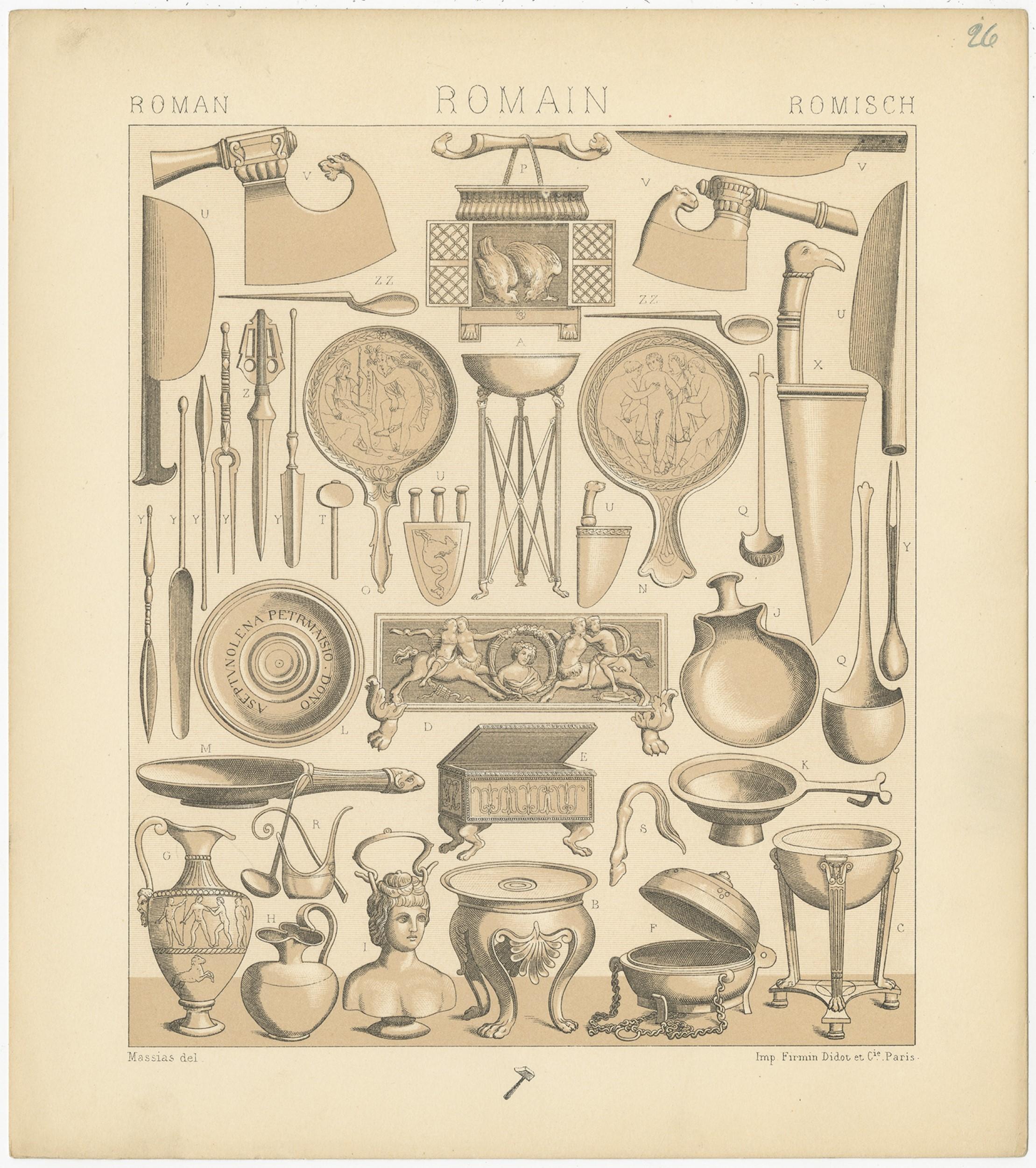 Antique print titled 'Roman - Romain - Romisch'. Chromolithograph of Roman Decorative Objects. This print originates from 'Le Costume Historique' by M.A. Racinet. Published, circa 1880.