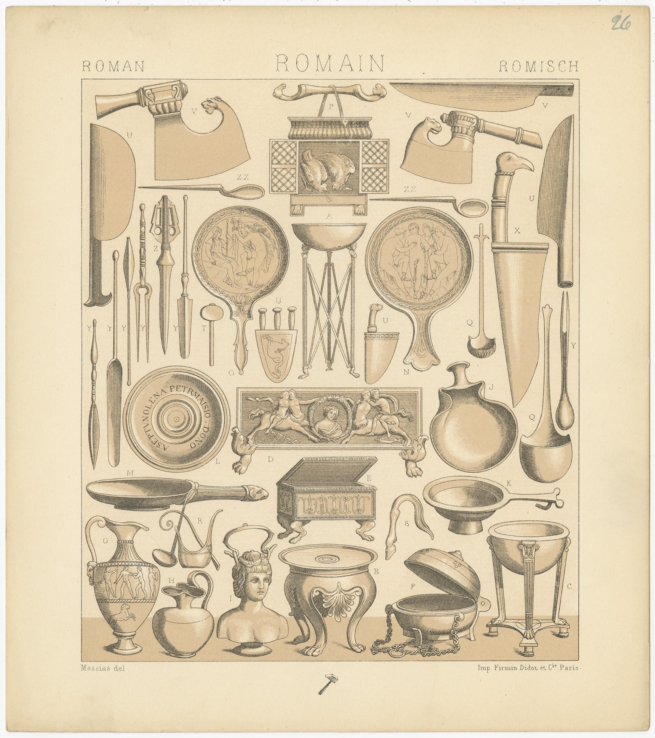 Pl. 26 Antique Print of Roman Decorative Objects by Racinet, 'circa 1880' In Good Condition For Sale In Langweer, NL