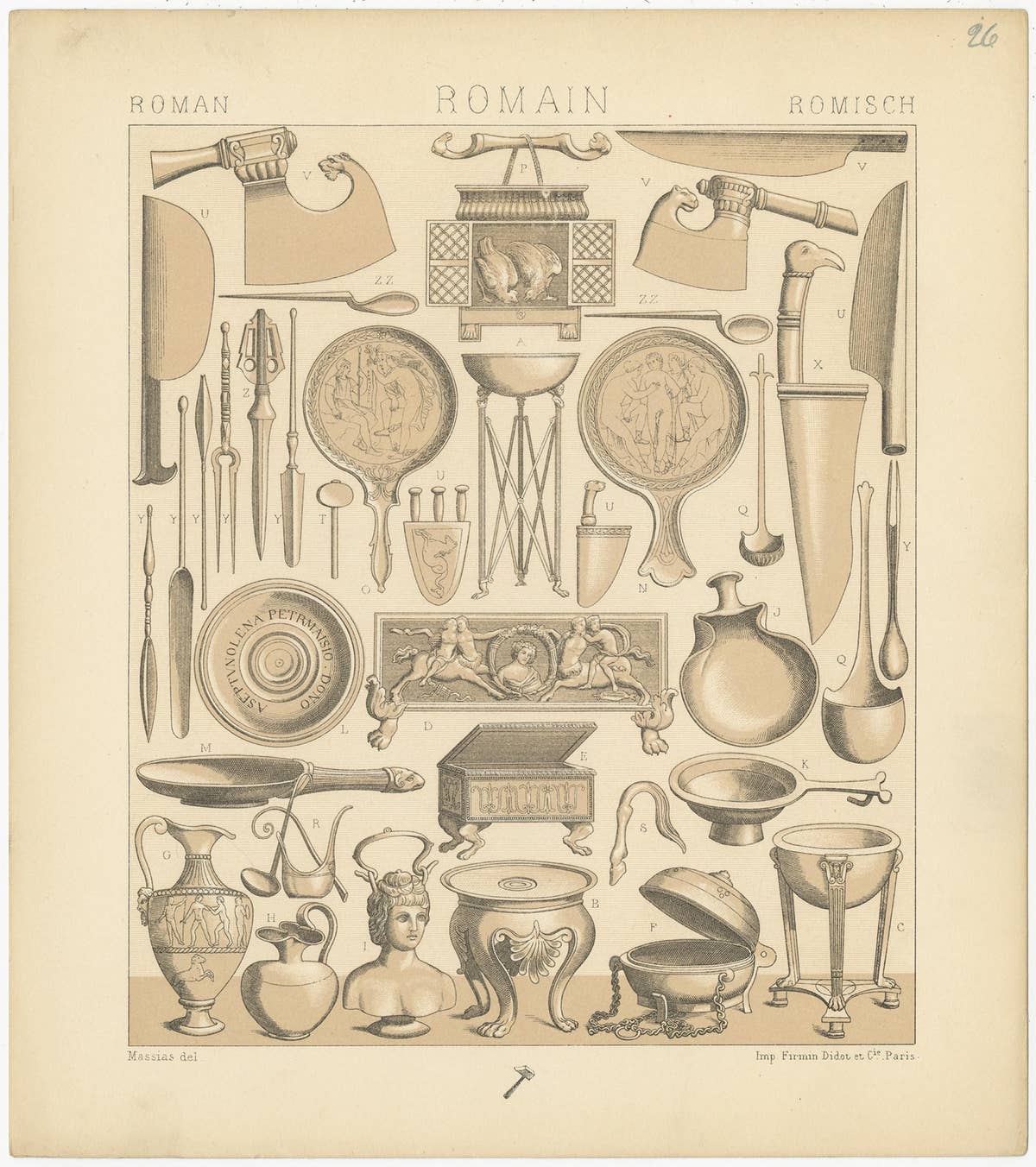 Pl. 26 Antique Print of Roman Decorative Objects by Racinet, 'circa 1880'