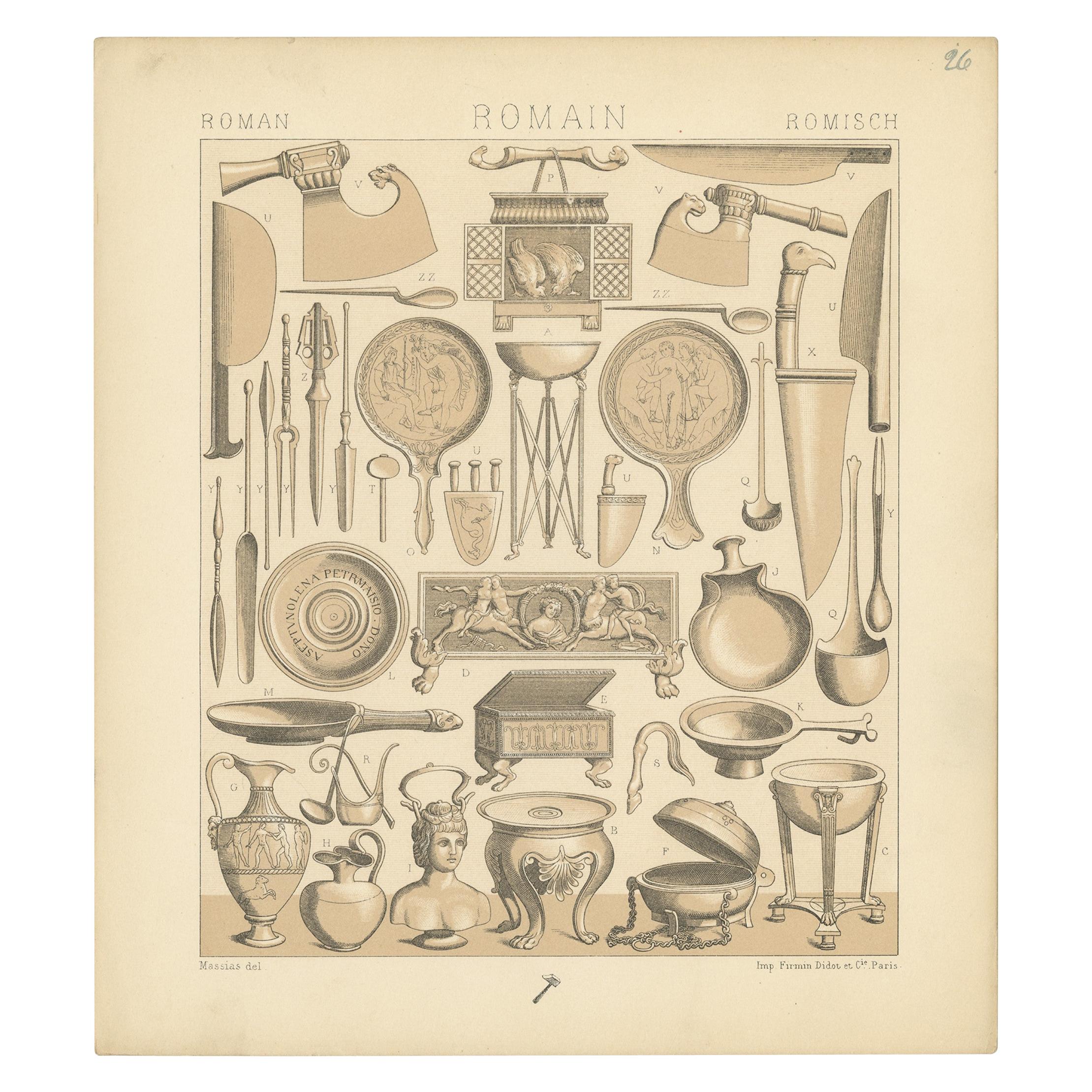 Pl. 26 Antique Print of Roman Decorative Objects by Racinet, 'circa 1880' For Sale
