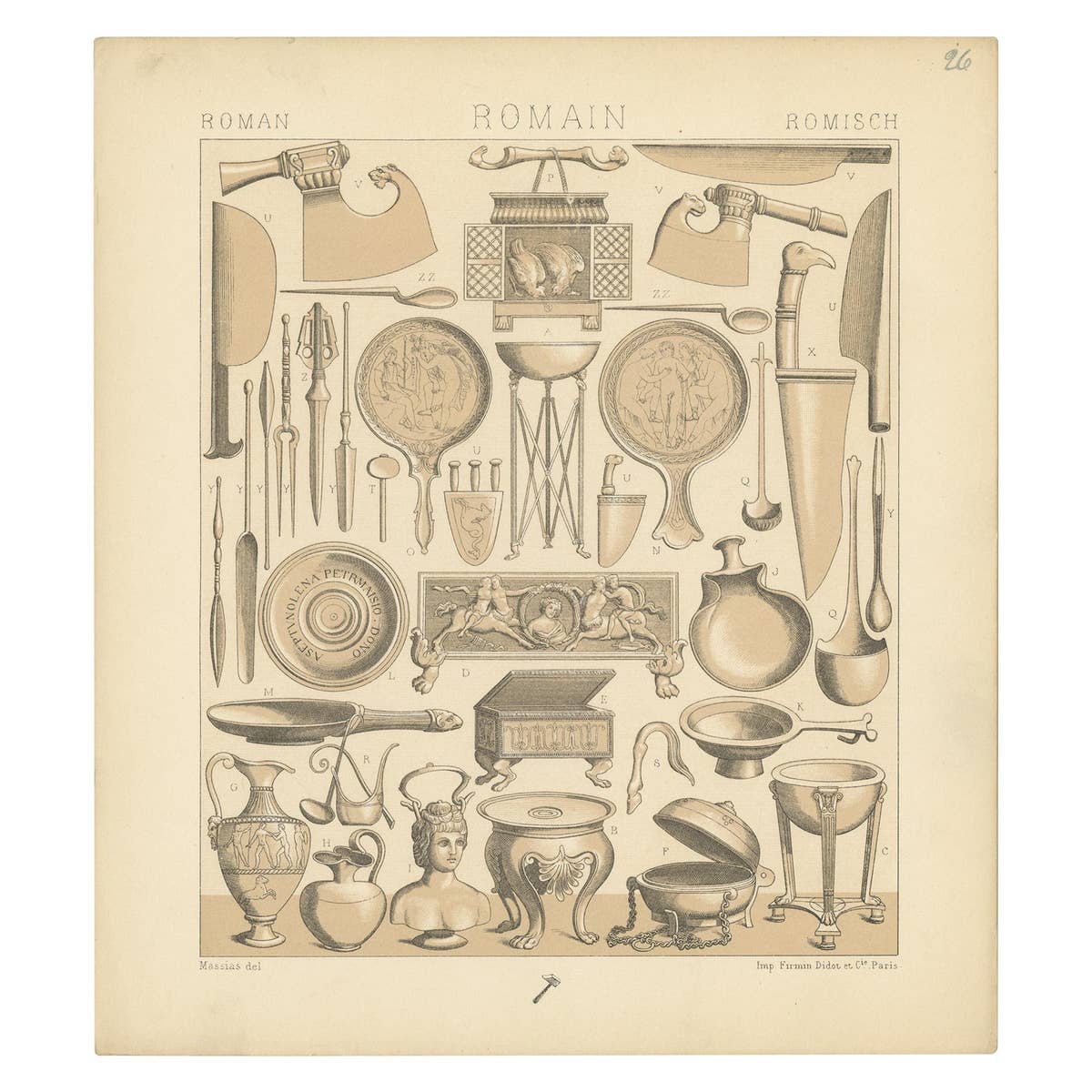 Pl. 26 Antique Print of Roman Decorative Objects by Racinet, 'circa 1880'