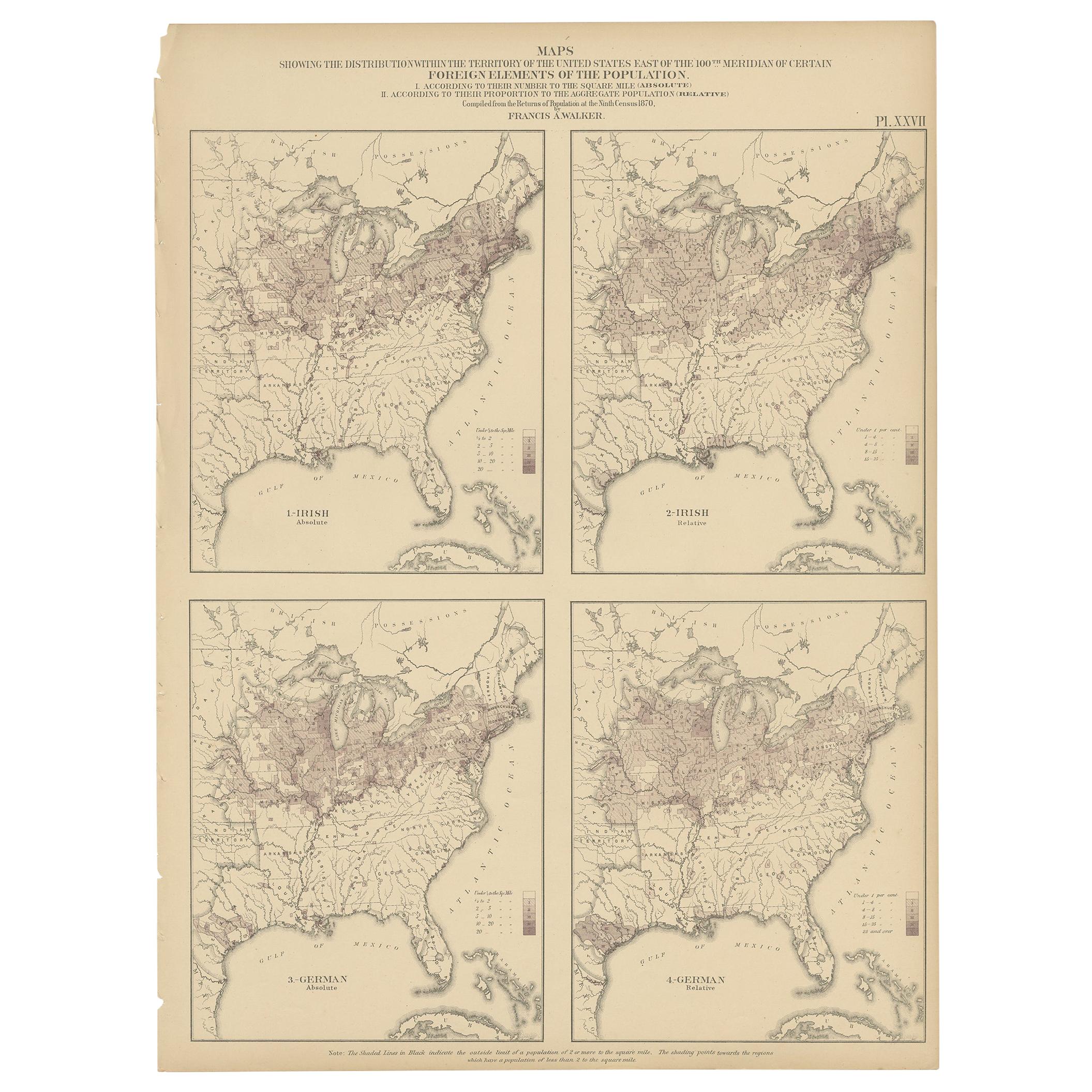 Pl. 27 Antique Chart of the US Irish and German Population in 1870, '1874' For Sale