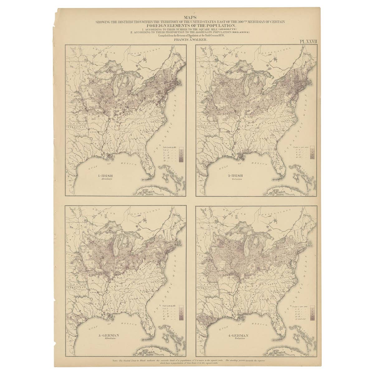 Antique Chart of the US Irish and German Population in 1870, '1874'