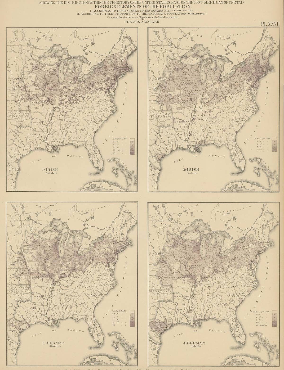 Antique Chart of the US Irish and German Population in 1870, '1874'