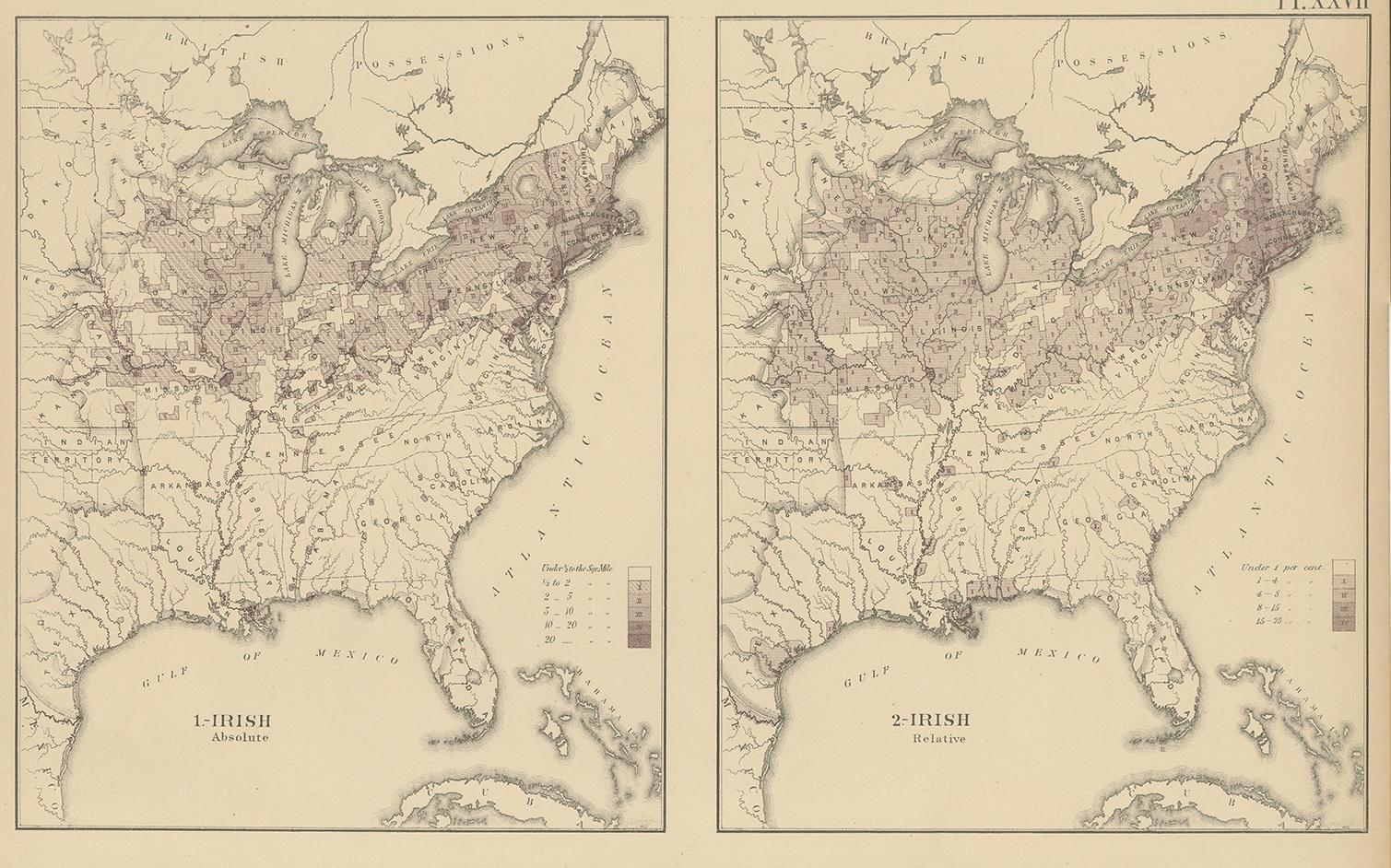 Pl. 27 Antike Charte der irischen und deutschen Bevölkerung in den USA im Jahr 1870, ''1874'' im Zustand „Gut“ im Angebot in Langweer, NL