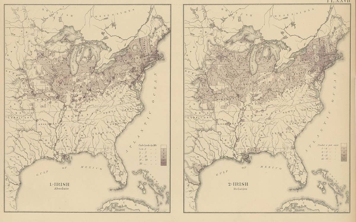 Antique Chart of the US Irish and German Population in 1870, '1874'