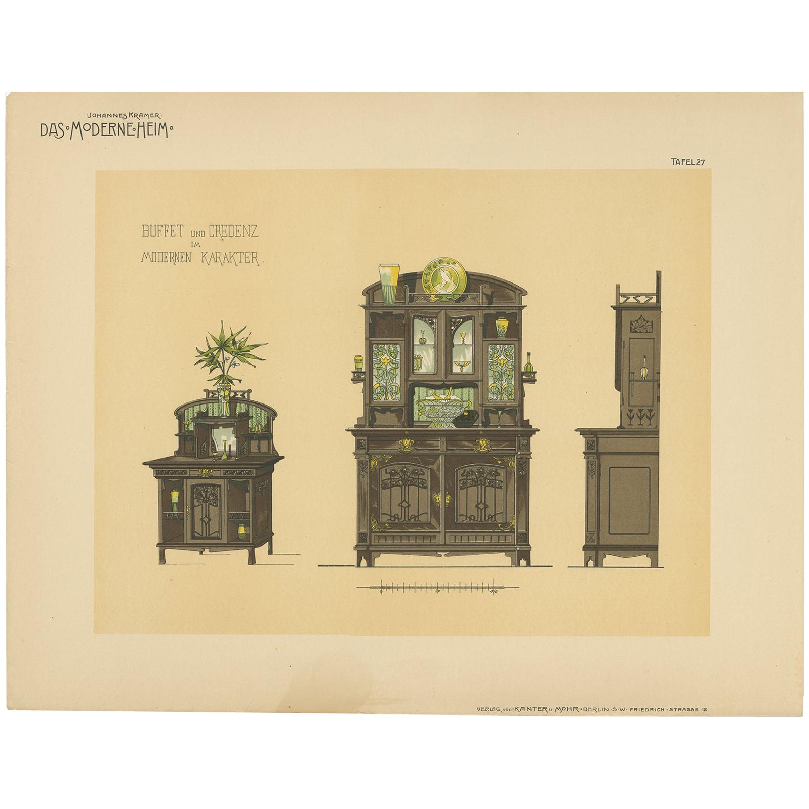 Pl. 27 Antique Print of a Buffet by Kramer 'circa 1910' For Sale