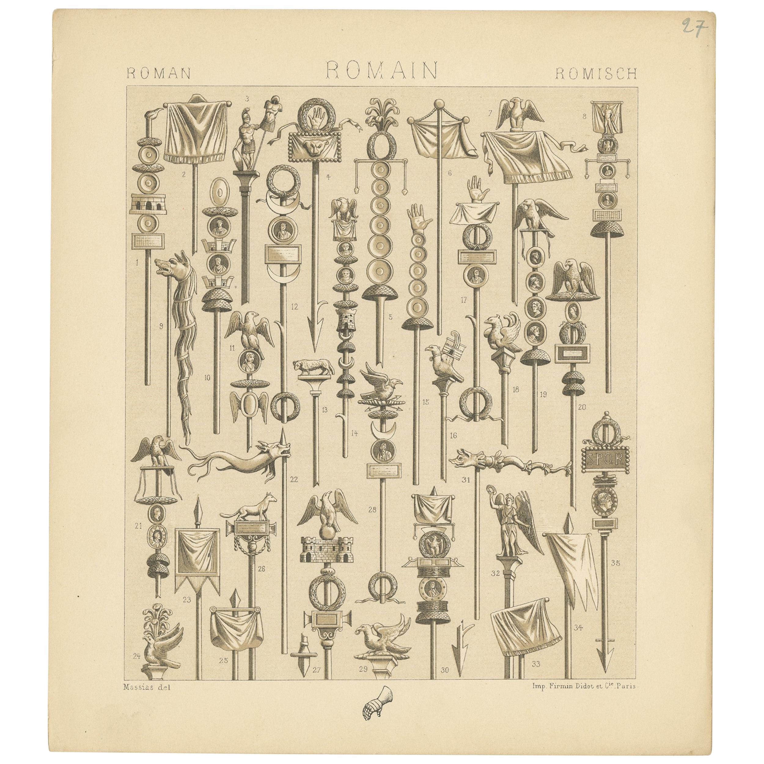 Pl. 27 Antique Print of Roman Scepters by Racinet, 'circa 1880'