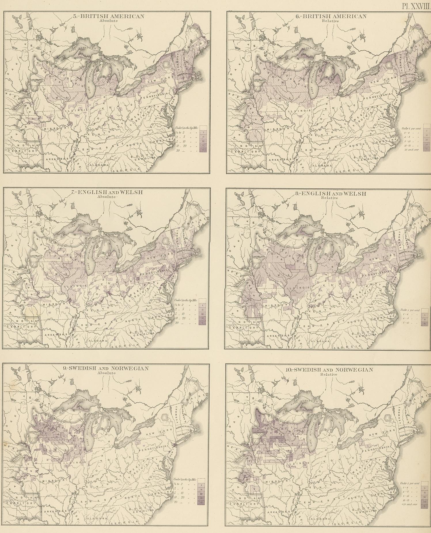 Antique chart titled 'Maps showing the distribution, within the territory of the United States, east of the 100th Meridian, of certain foreign elements of the population. I. according to their number to the square mile, absolute. II. according to