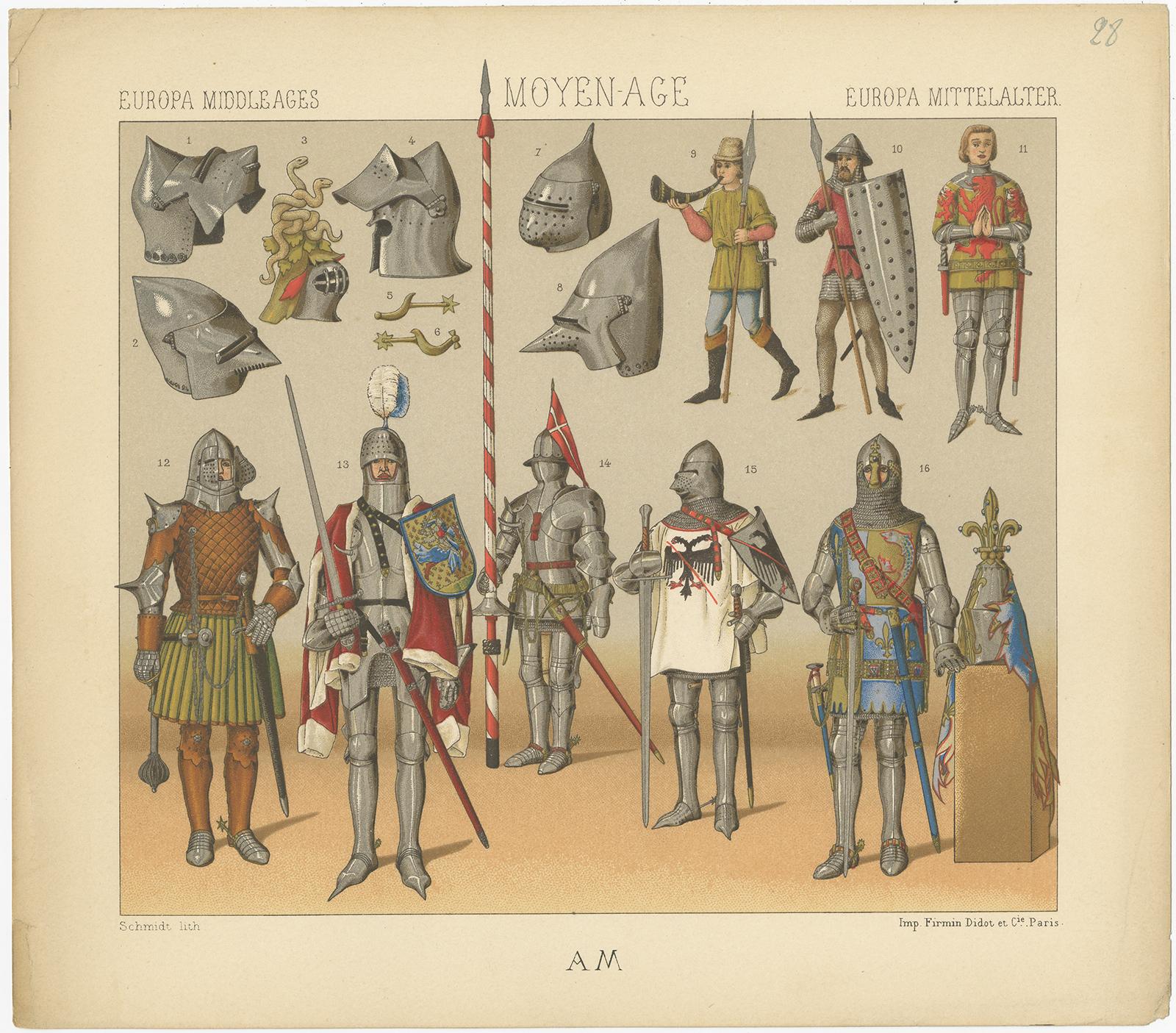 Antique print titled 'Europa Middle Ages - Moyen Age - Europa Mittelalter'. Chromolithograph of European Middle Ages Armament'. This print originates from 'Le Costume Historique' by M.A. Racinet. Published circa 1880.