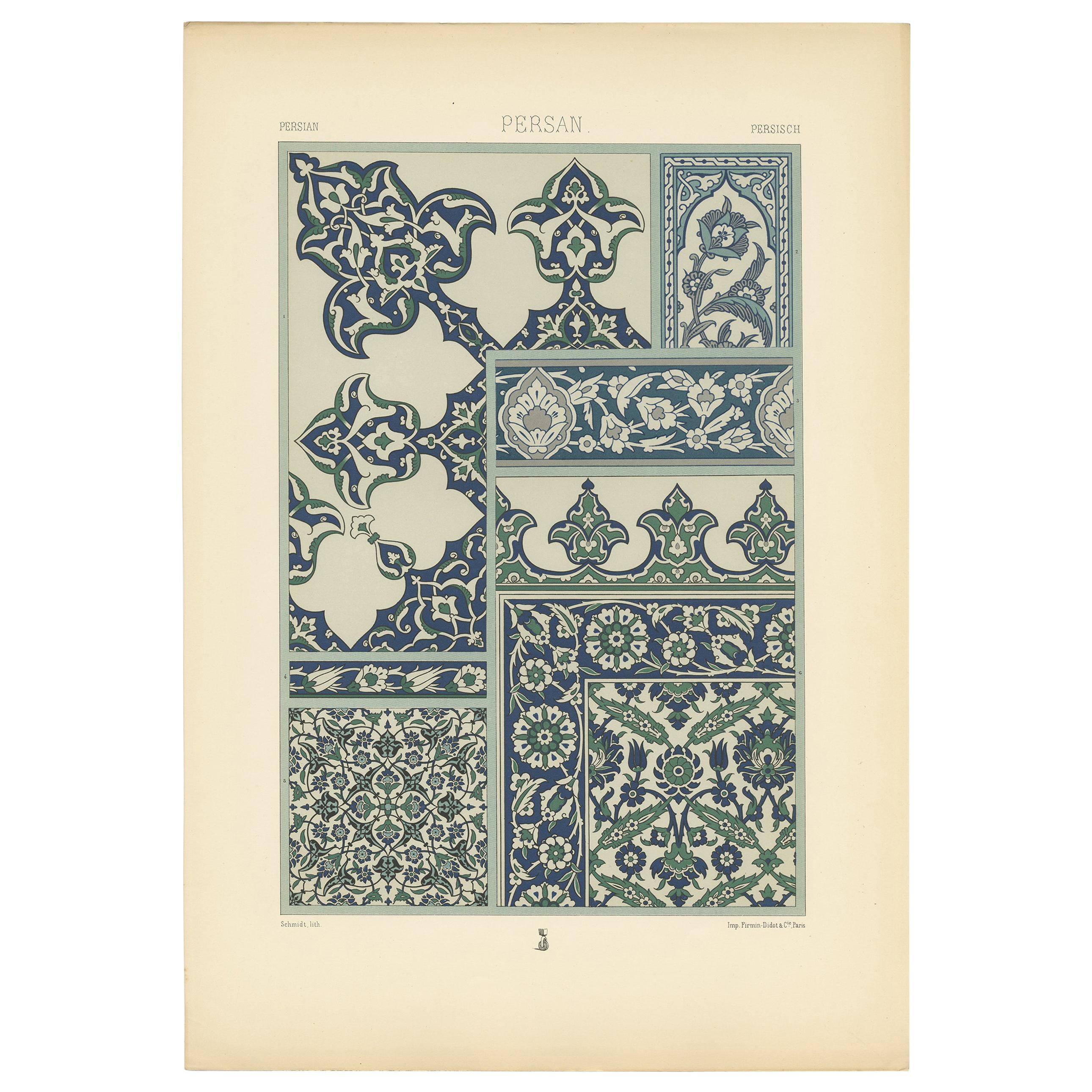 Pl. 28 Antique Print of Persian Design from Enameled Tiles by Racinet circa 1890 For Sale