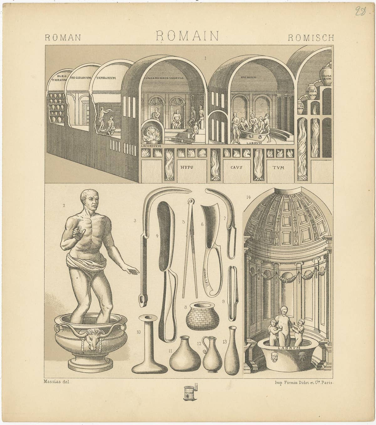 Pl. 28 Antique Print of Roman Bathing by Racinet, 'circa 1880'