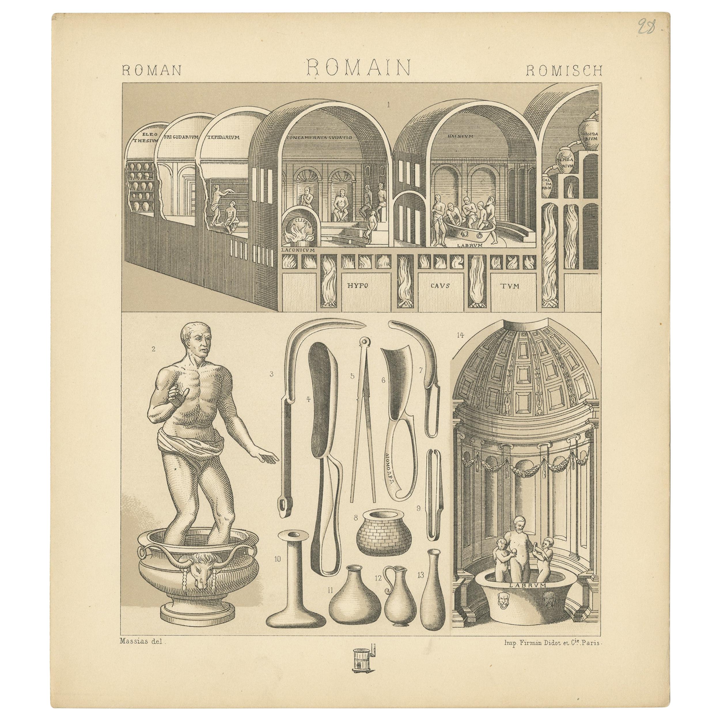 Pl. 28 Antique Print of Roman Bathing by Racinet, 'circa 1880'