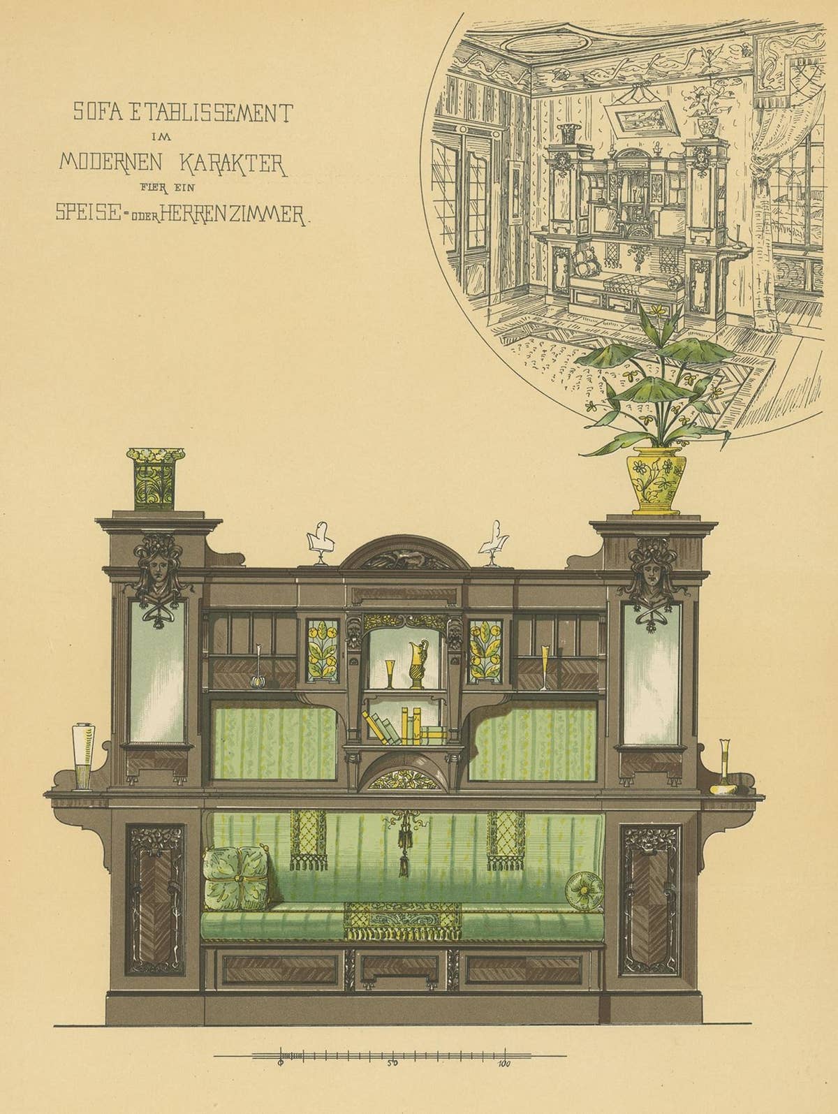 Pl. 28 Antique Print of Sofa Furniture for a Dining Room by Kramer, circa 1910