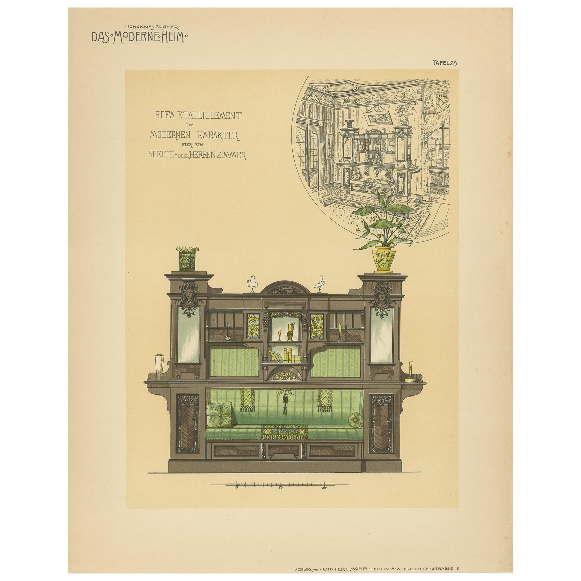 Pl. 28 Antique Print of Sofa Furniture for a Dining Room by Kramer, circa 1910