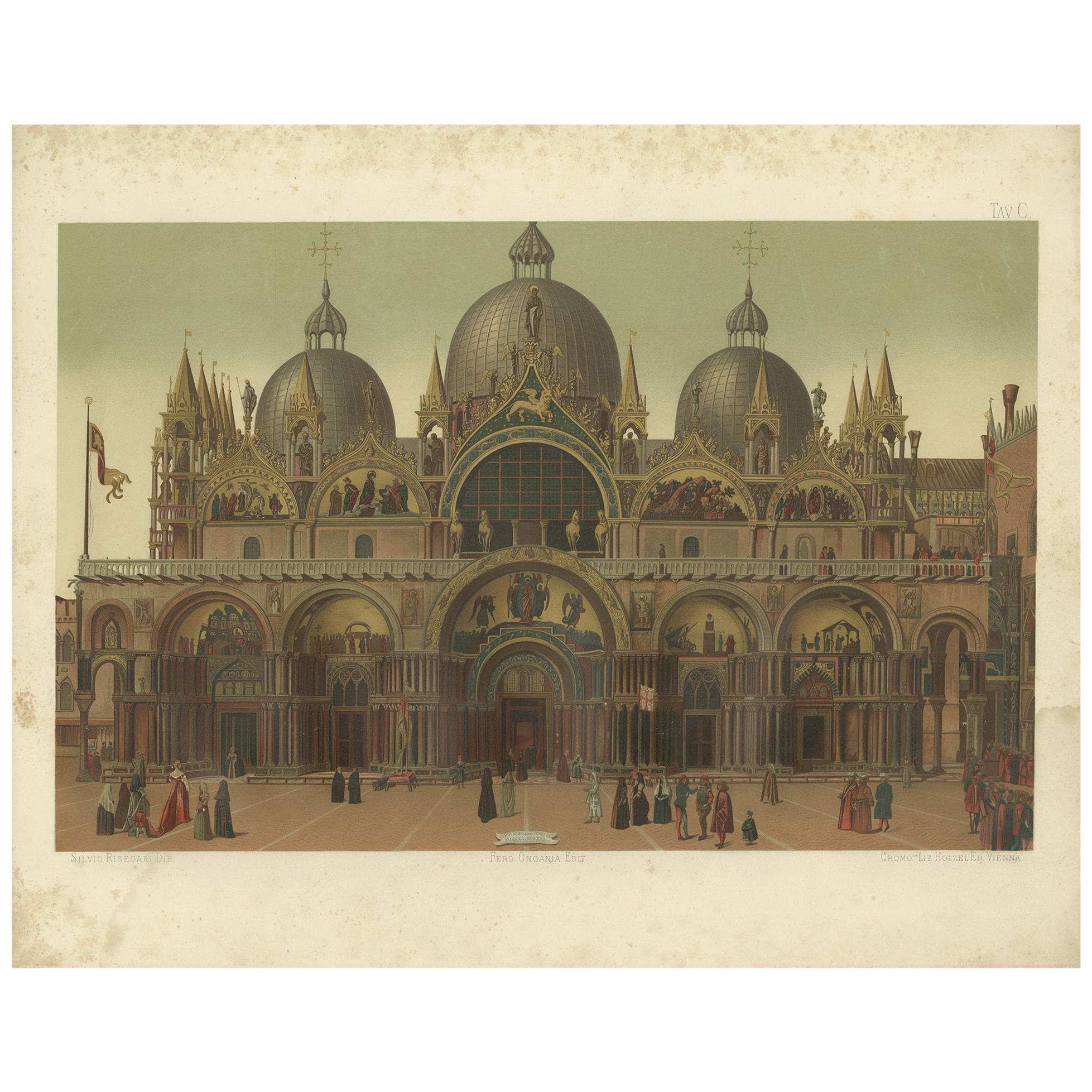 A large chromolithograph of the main facade of the Basilica of San Marco in Venice, Italy, from Ferdinando Ongania's 