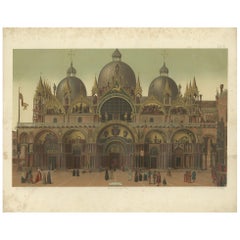Large Antique Print of the Main Facade of the Basilica of San Marco, 1881
