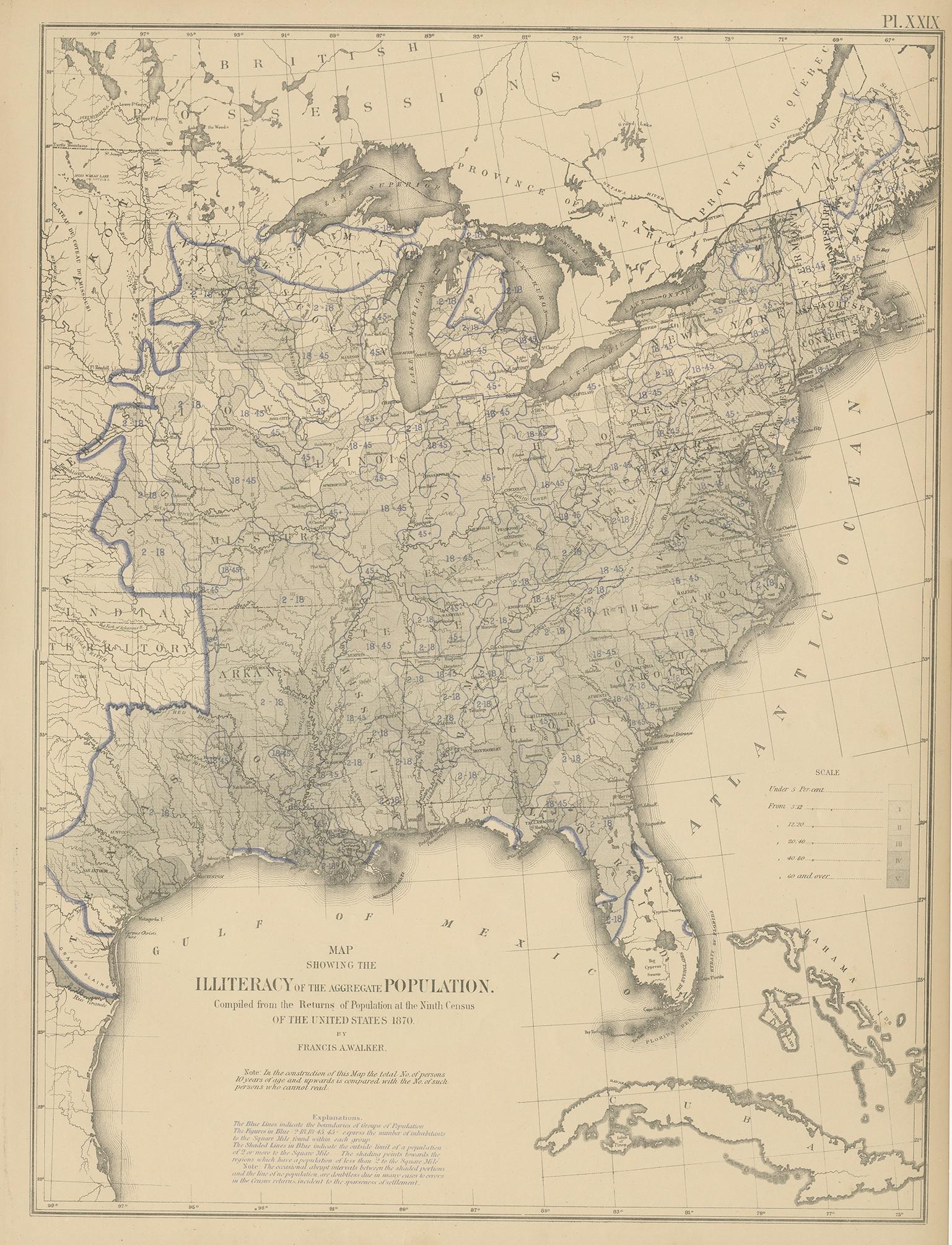 Antique chart titled 'Map showing the illiteracy of the aggregate population. Compiled from the returns of population at the ninth census of the United States 1870'. Chart of the US illiteracy in 1870. Originates from 'Statistical Atlas of the