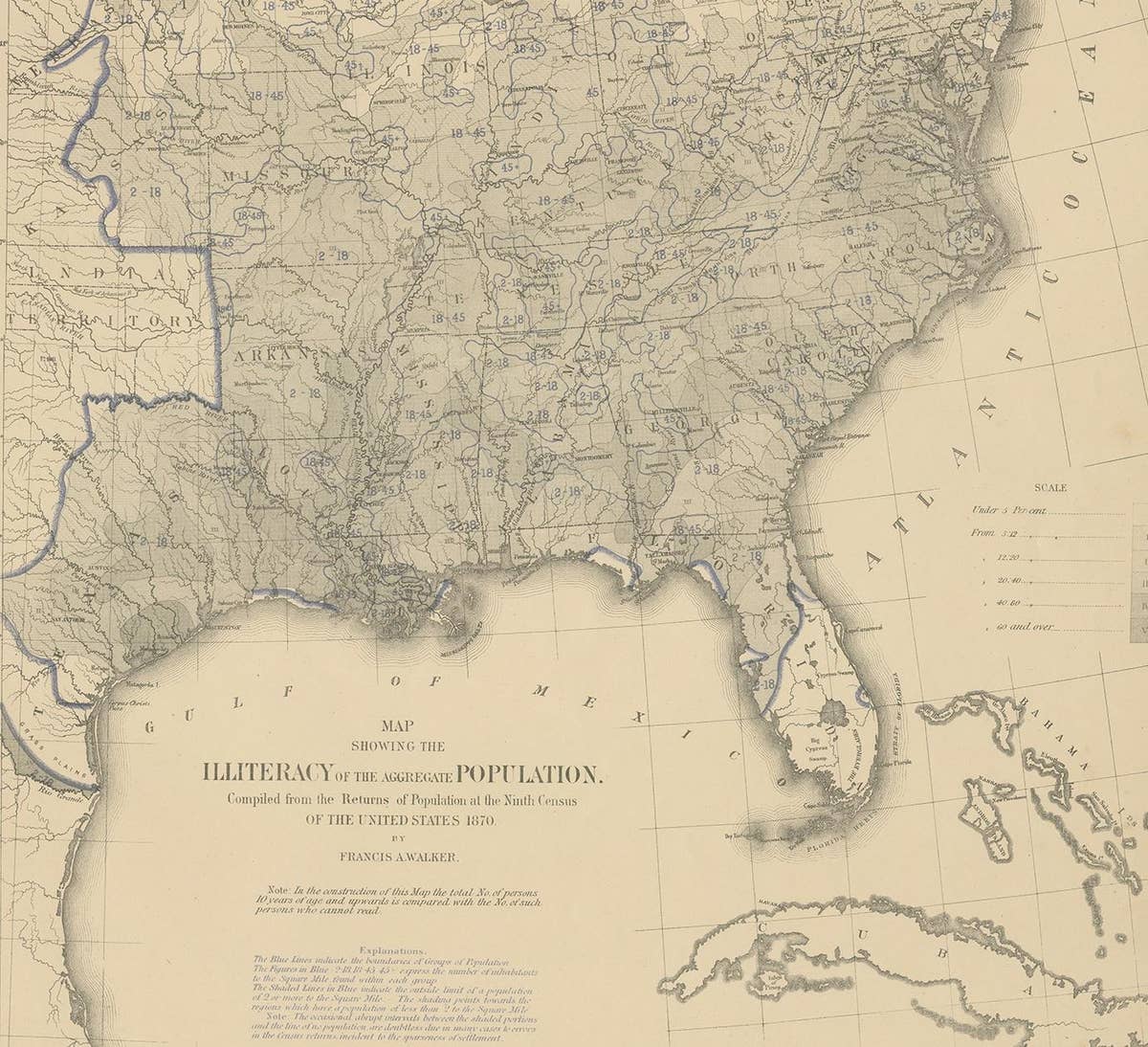 Pl. 29 Antique Chart of the US Illiteracy in 1870, '1874'