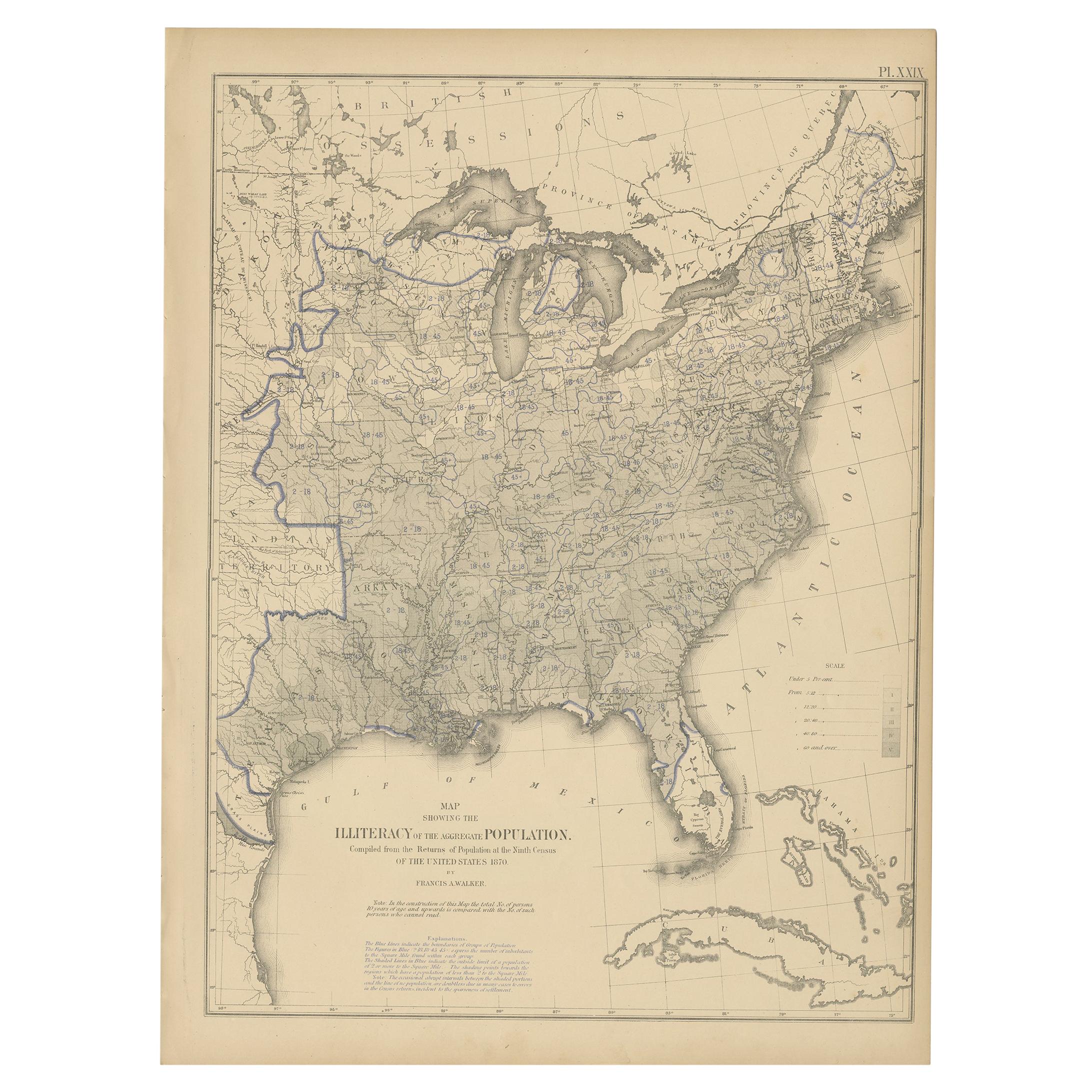 Pl. 29 Antique Chart of the US Illiteracy in 1870, '1874' For Sale