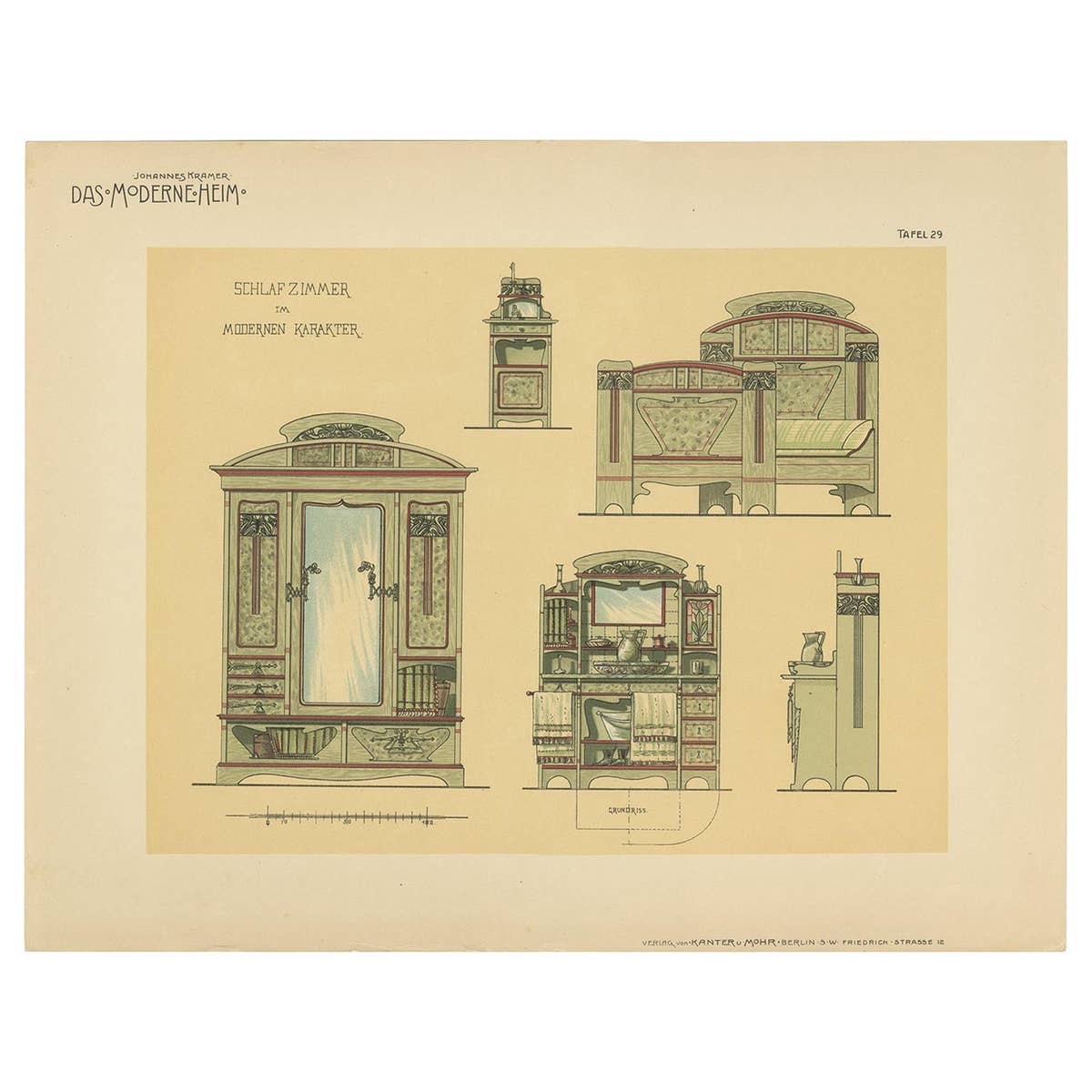 Pl. 29 Antique Print of Bedroom Furniture by Kramer, circa 1910