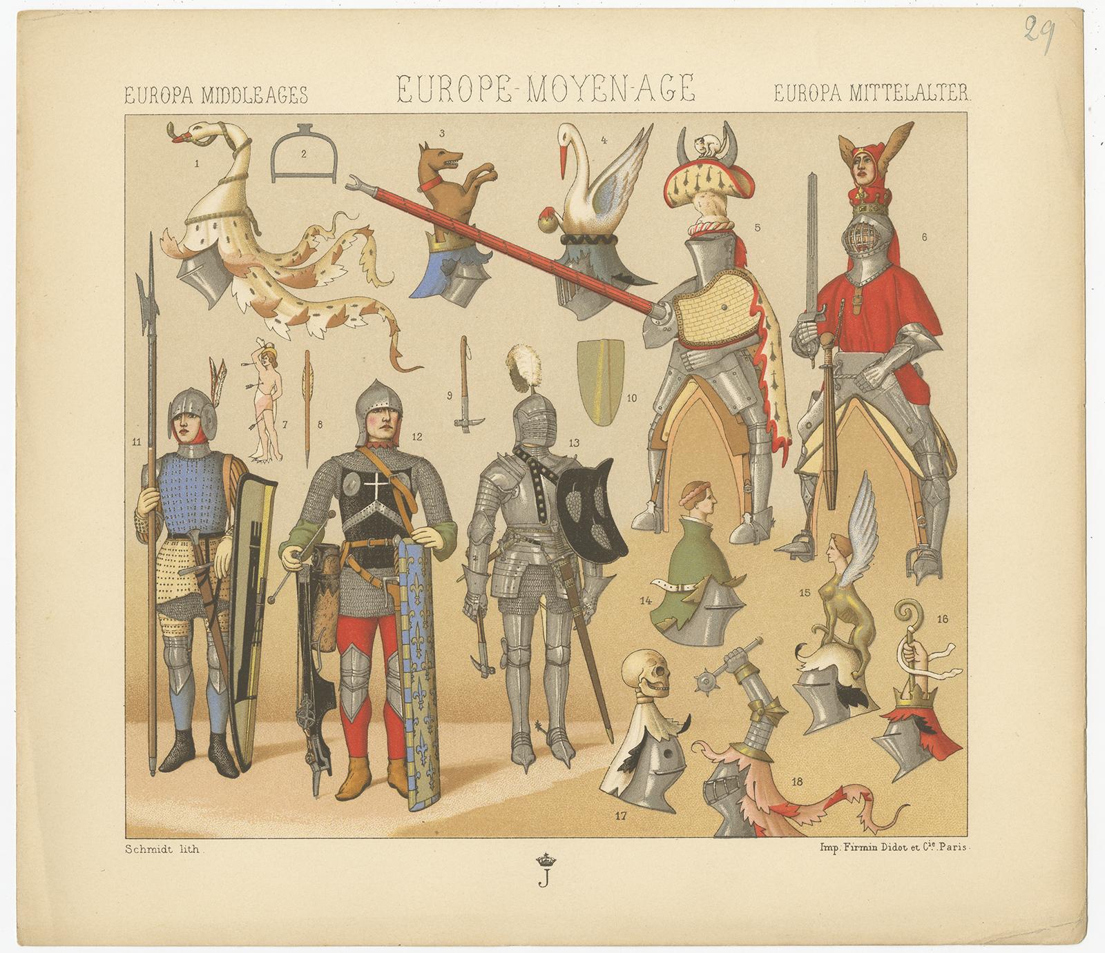 Antique print titled 'Europa Middle Ages - Europe Moyen Age - Europa Mittelalter'. Chromolithograph of European Middle Ages Armament'. This print originates from 'Le Costume Historique' by M.A. Racinet. Published circa 1880.