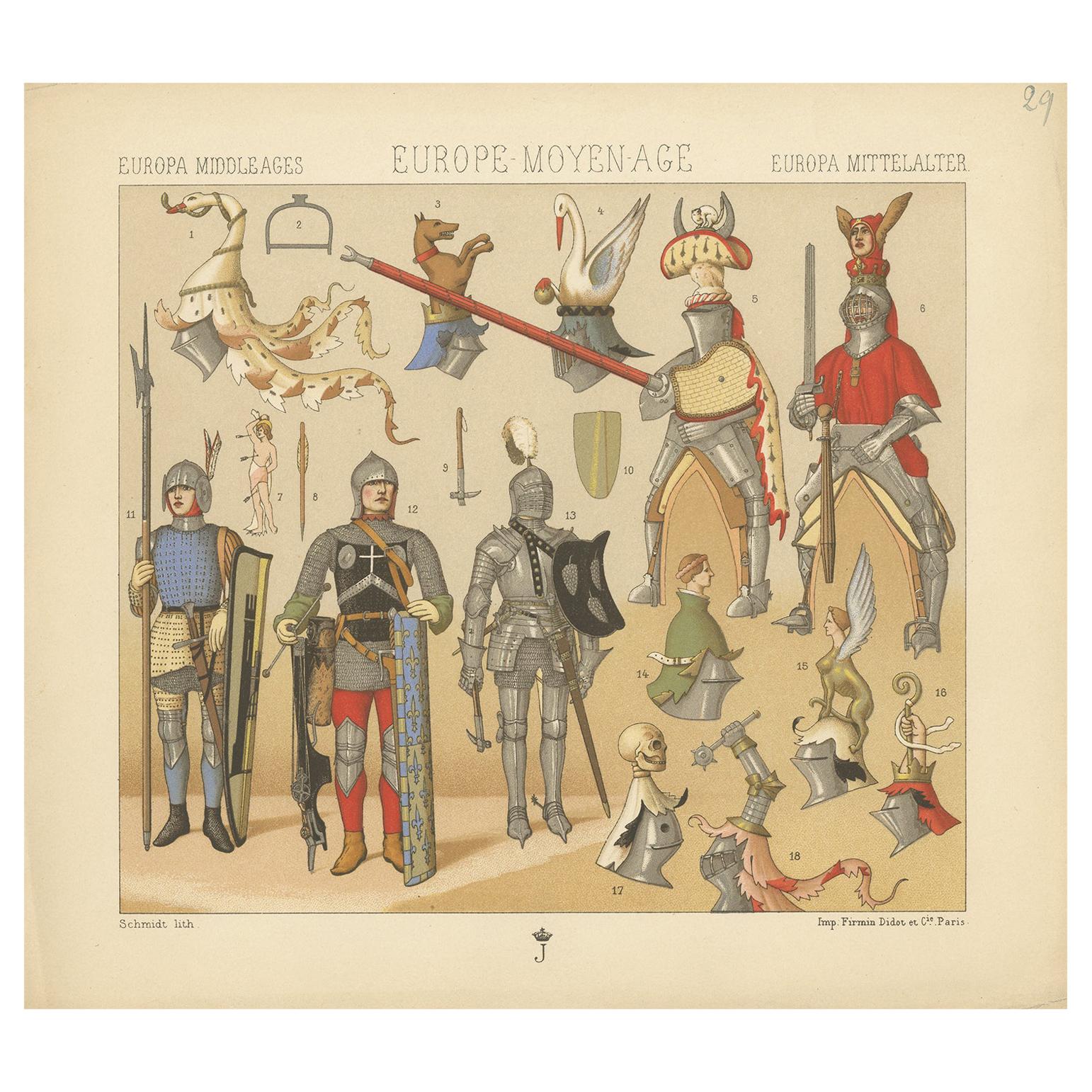 Pl. 29 Antique Print of European Middle Ages Armament by Racinet, circa 1880 For Sale