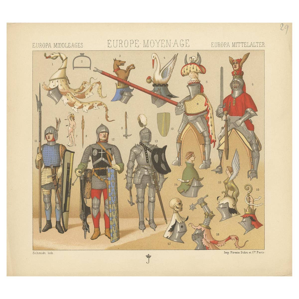 Pl. 29 Antique Print of European Middle Ages Armament by Racinet, circa 1880