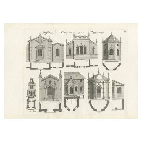 Pl. 29 Antique Print of Garden Kiosks by Le Rouge, c.1785